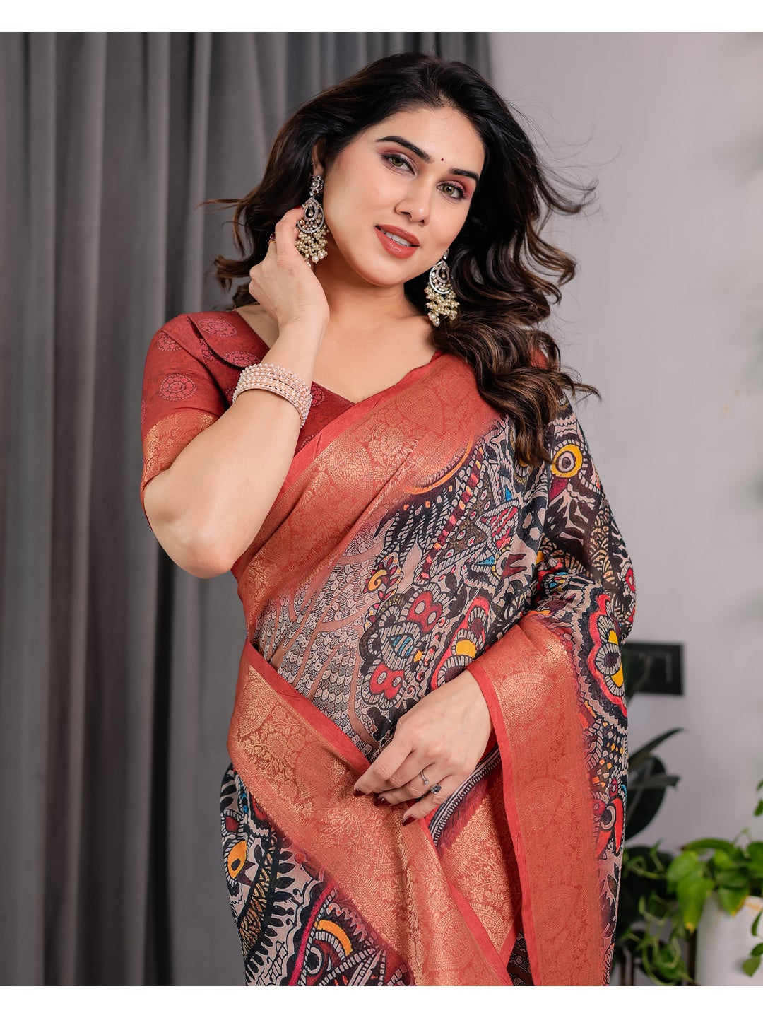 Peachmode Black Handloom Linen Cotton Floral Print Saree - Image 14