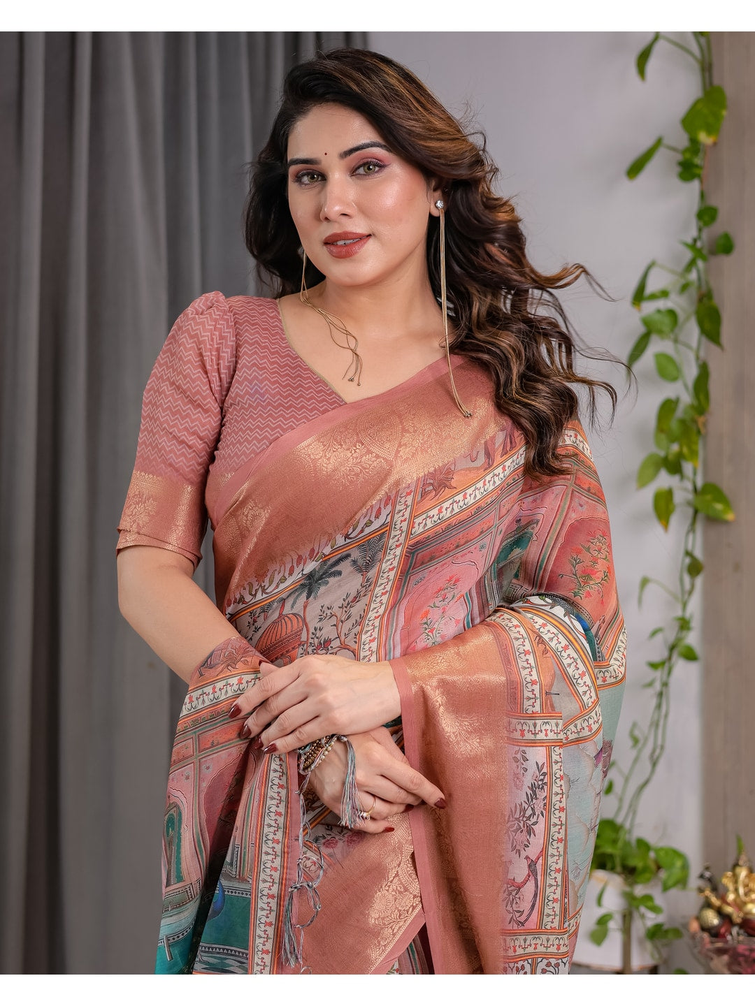 Peachmode Peach Handloom Linen Cotton Floral Print Saree - Image 7