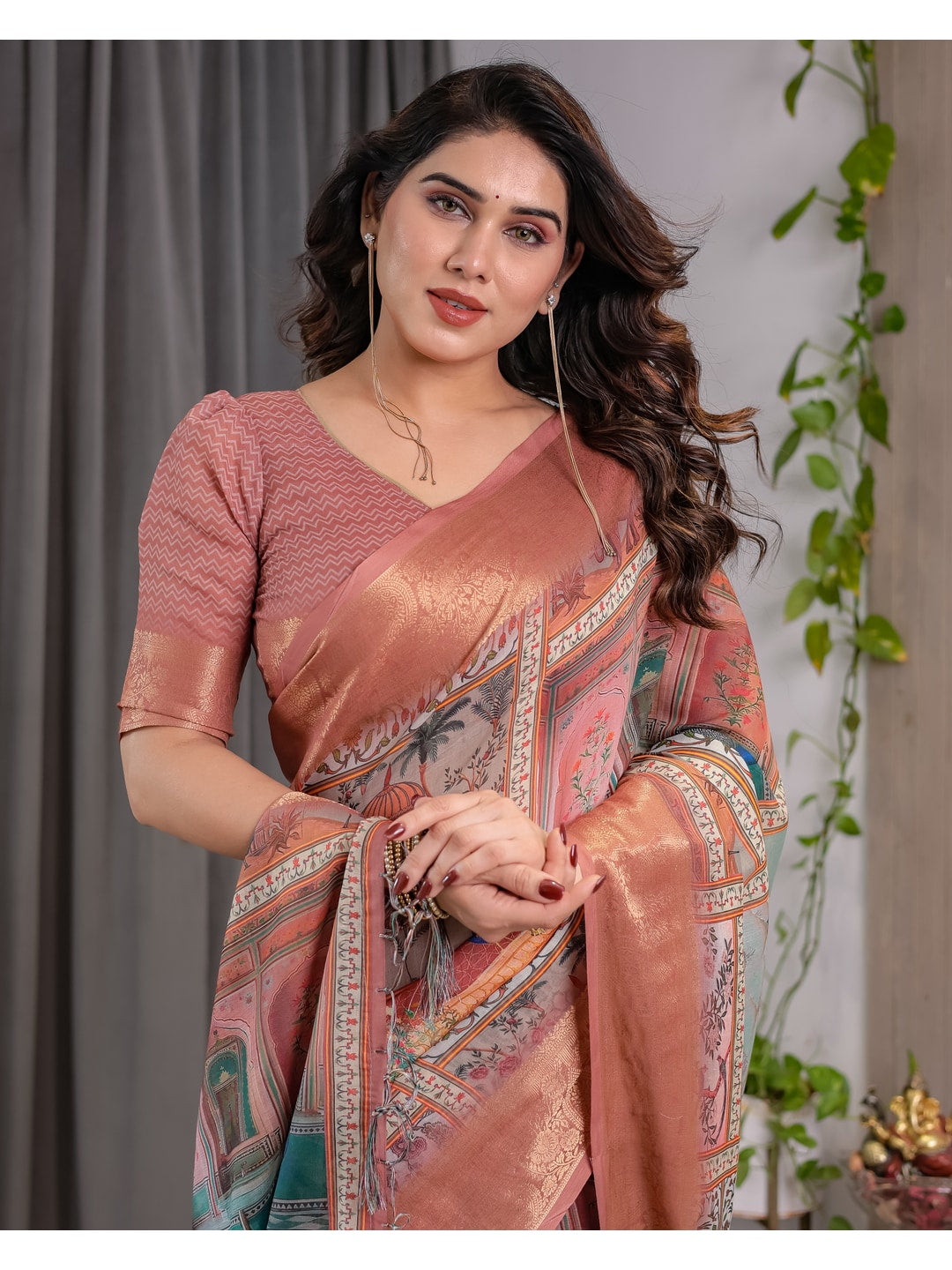 Peachmode Peach Handloom Linen Cotton Floral Print Saree - Image 8