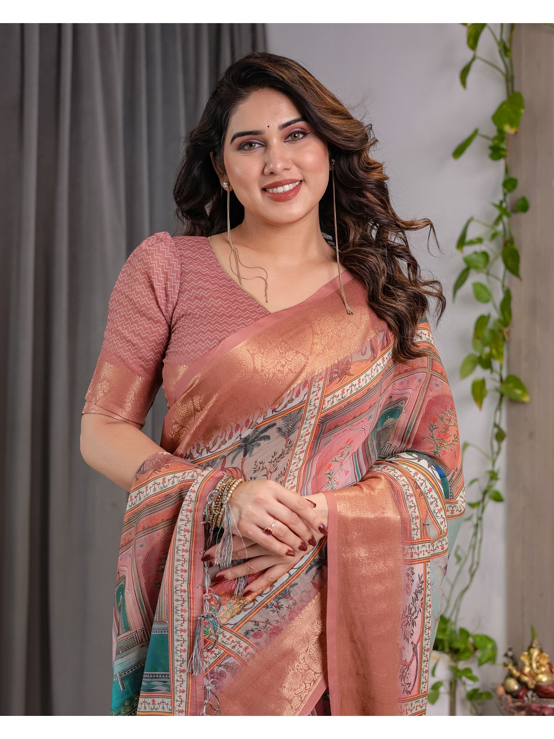 Peachmode Peach Handloom Linen Cotton Floral Print Saree - Image 9