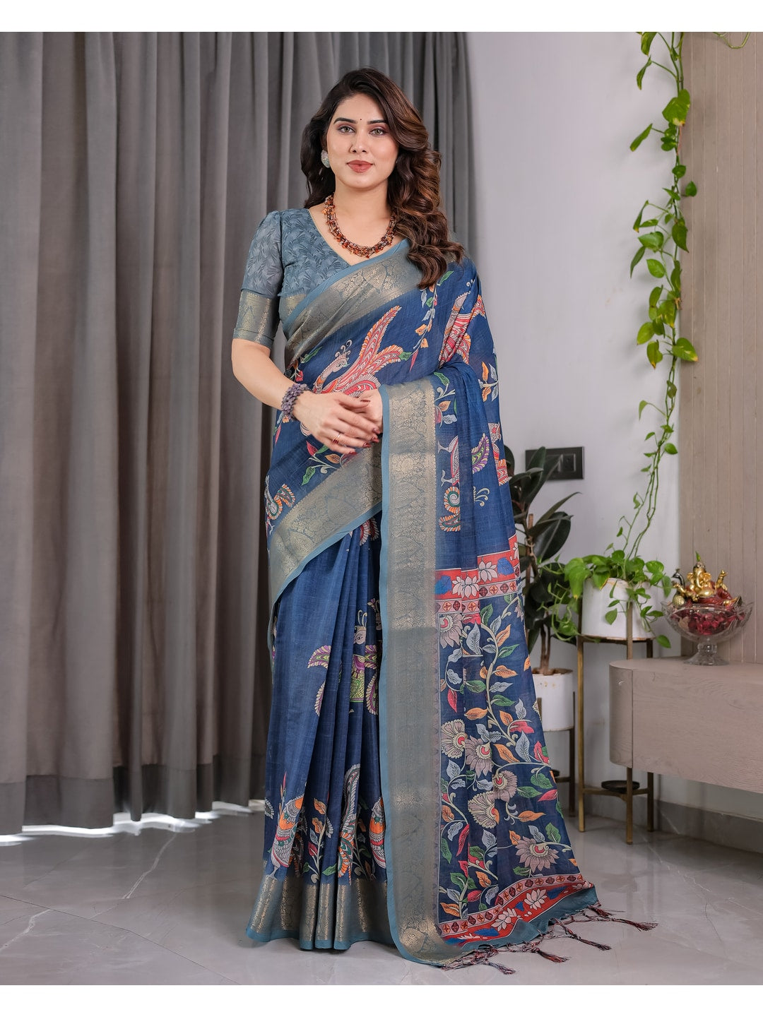 Peachmode Blue Handloom Linen Cotton Floral Print Saree - Image 1