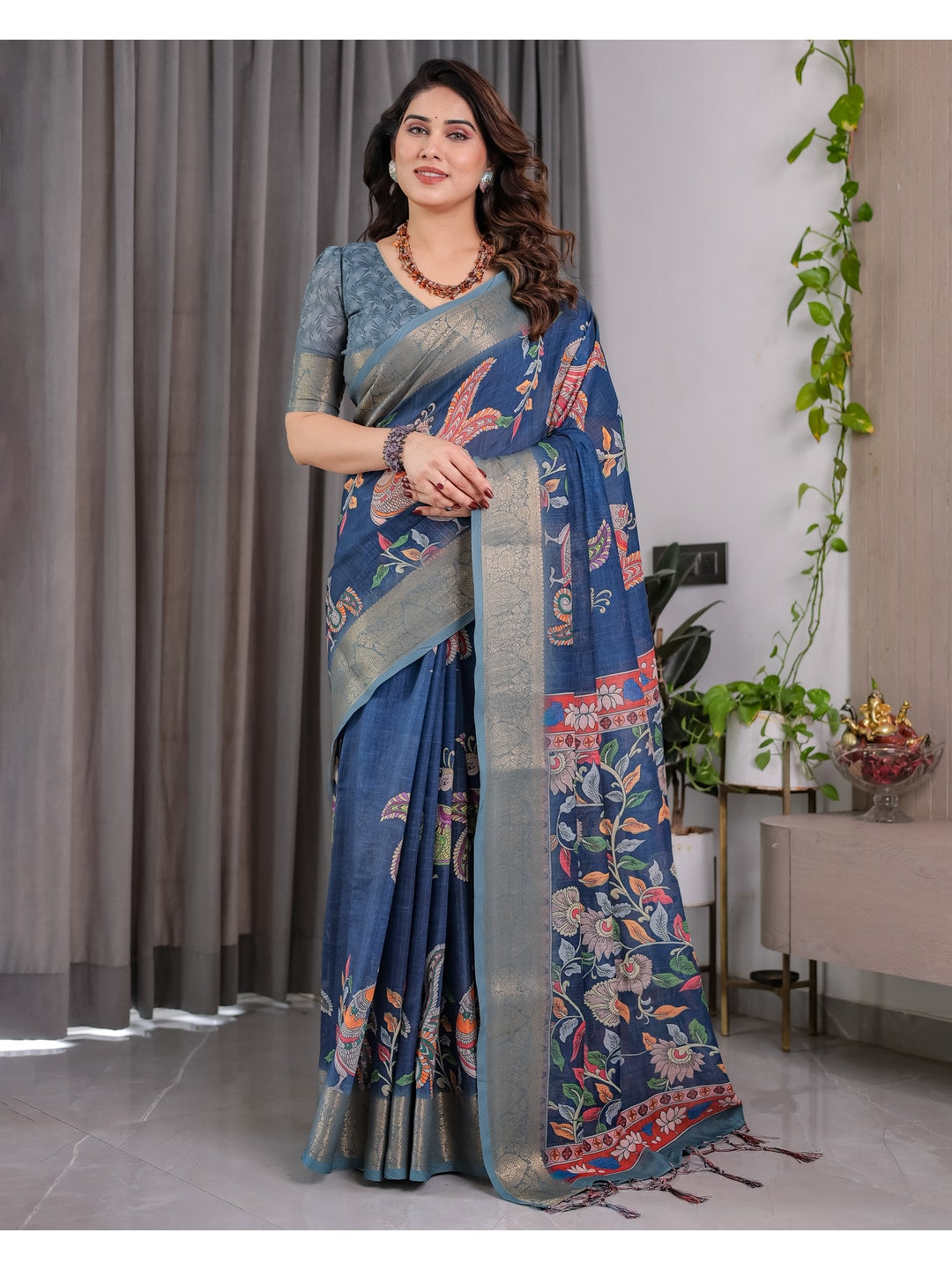 Peachmode Blue Handloom Linen Cotton Floral Print Saree - Image 2
