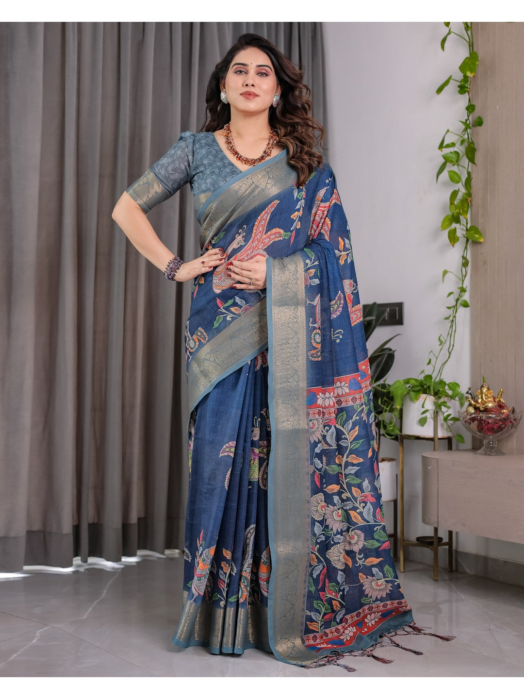 Peachmode Blue Handloom Linen Cotton Floral Print Saree - Image 3