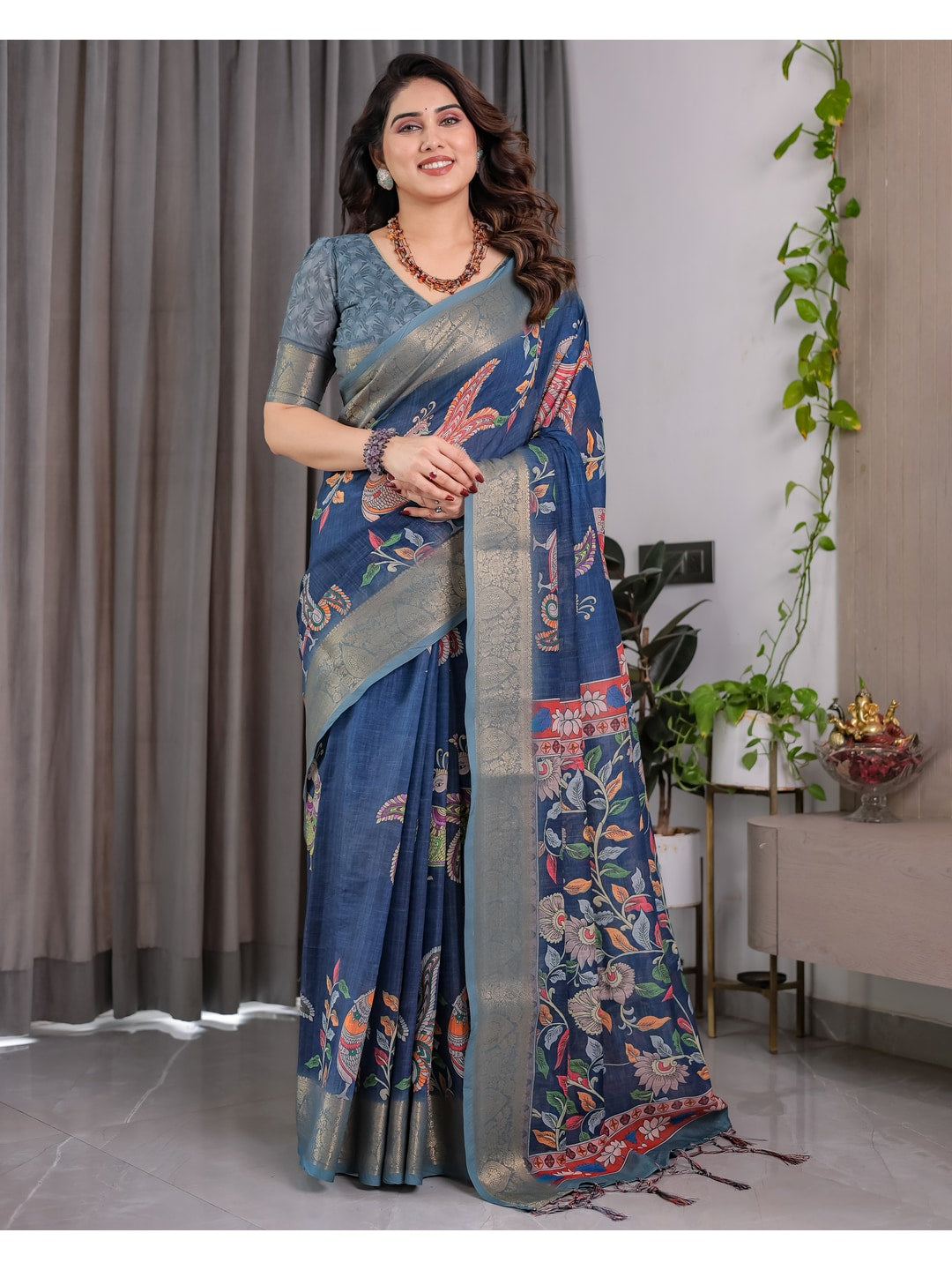 Peachmode Blue Handloom Linen Cotton Floral Print Saree - Image 4