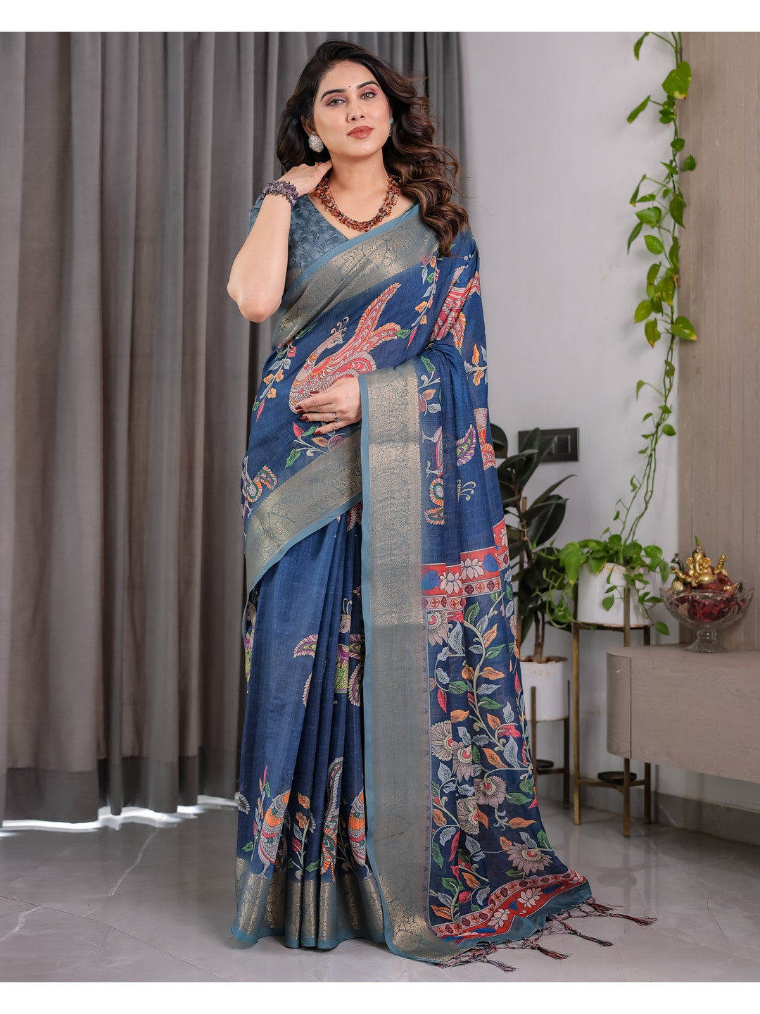 Peachmode Blue Handloom Linen Cotton Floral Print Saree - Image 5