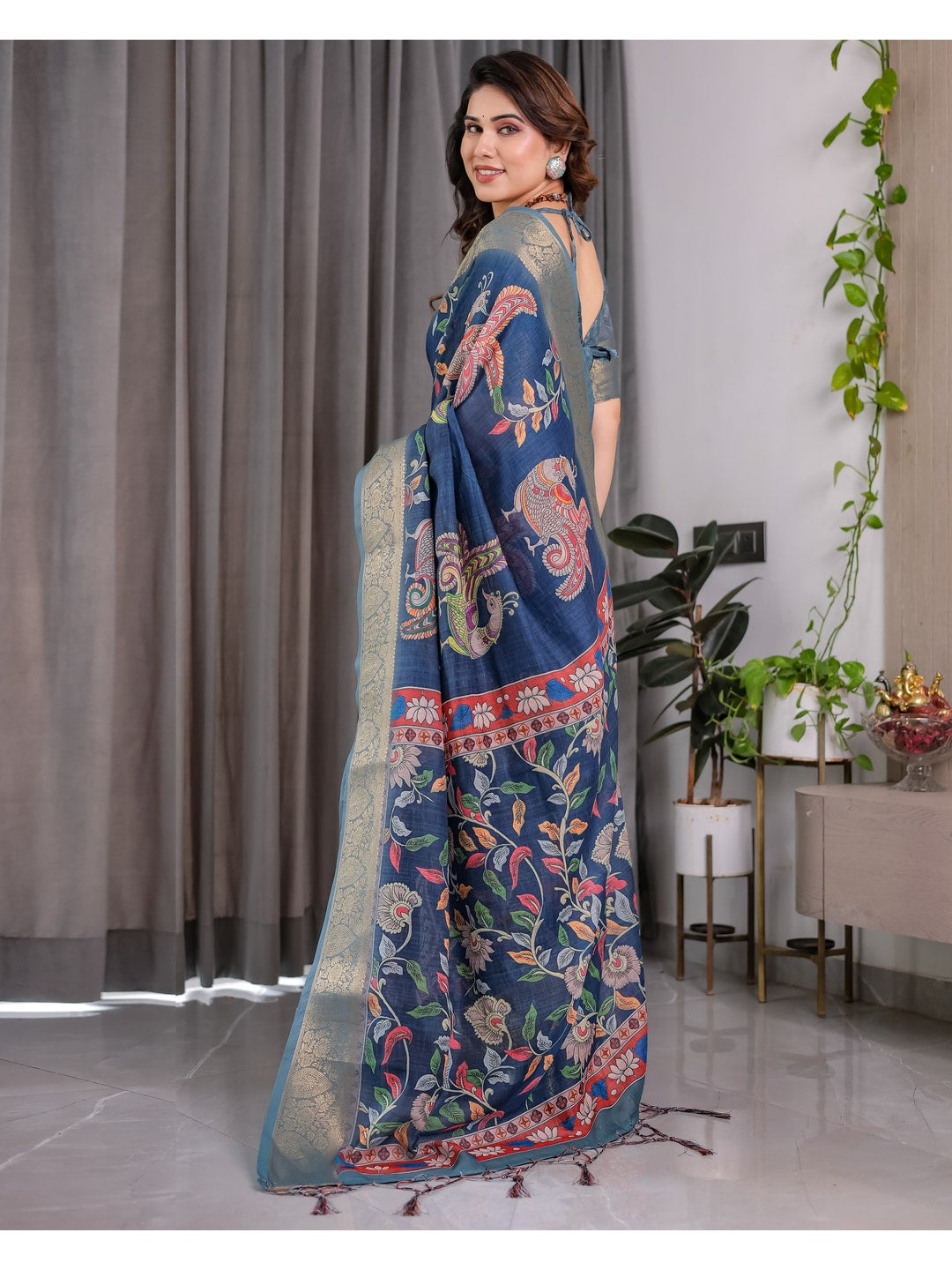Peachmode Blue Handloom Linen Cotton Floral Print Saree - Image 7