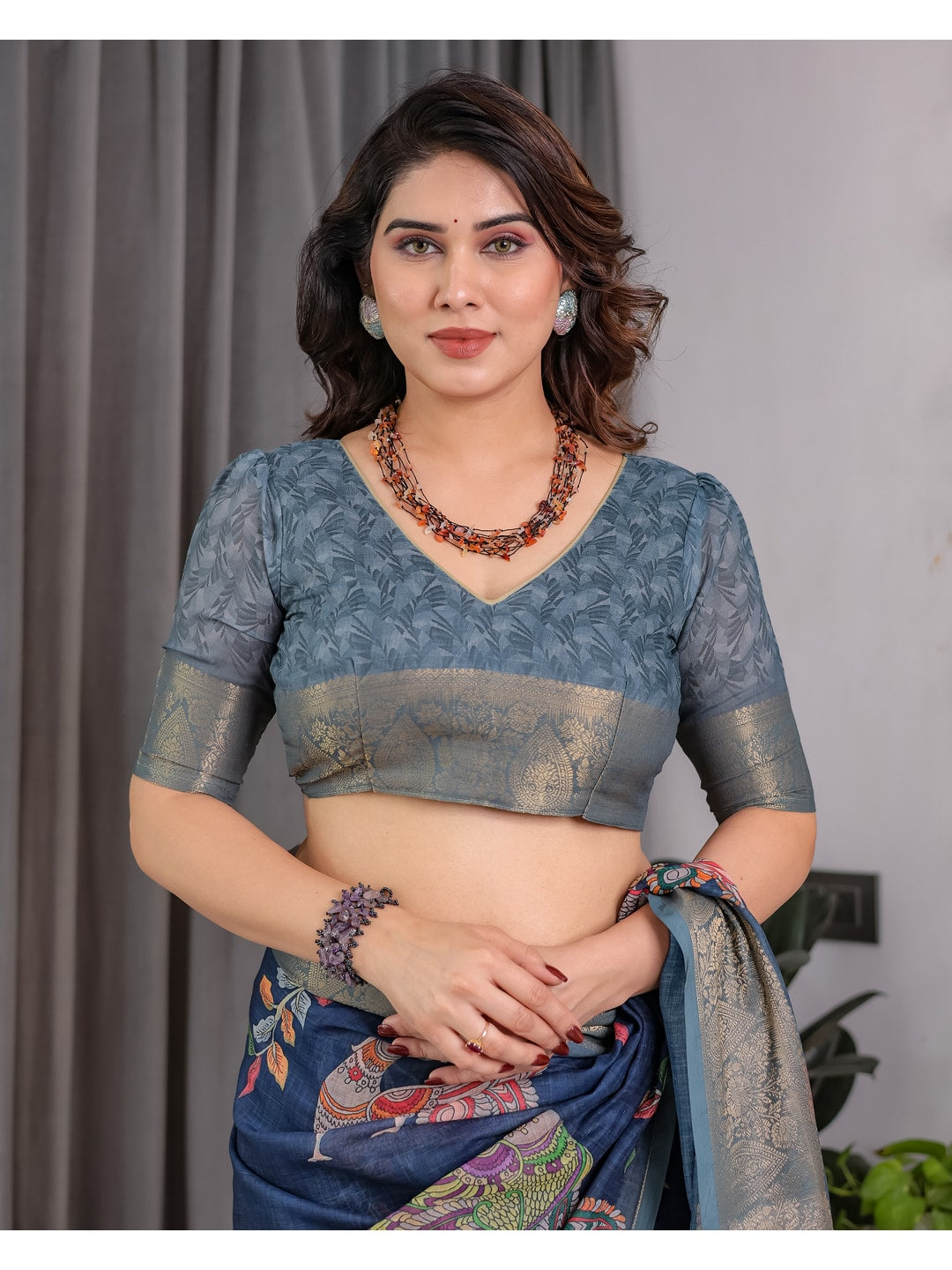 Peachmode Blue Handloom Linen Cotton Floral Print Saree - Image 8