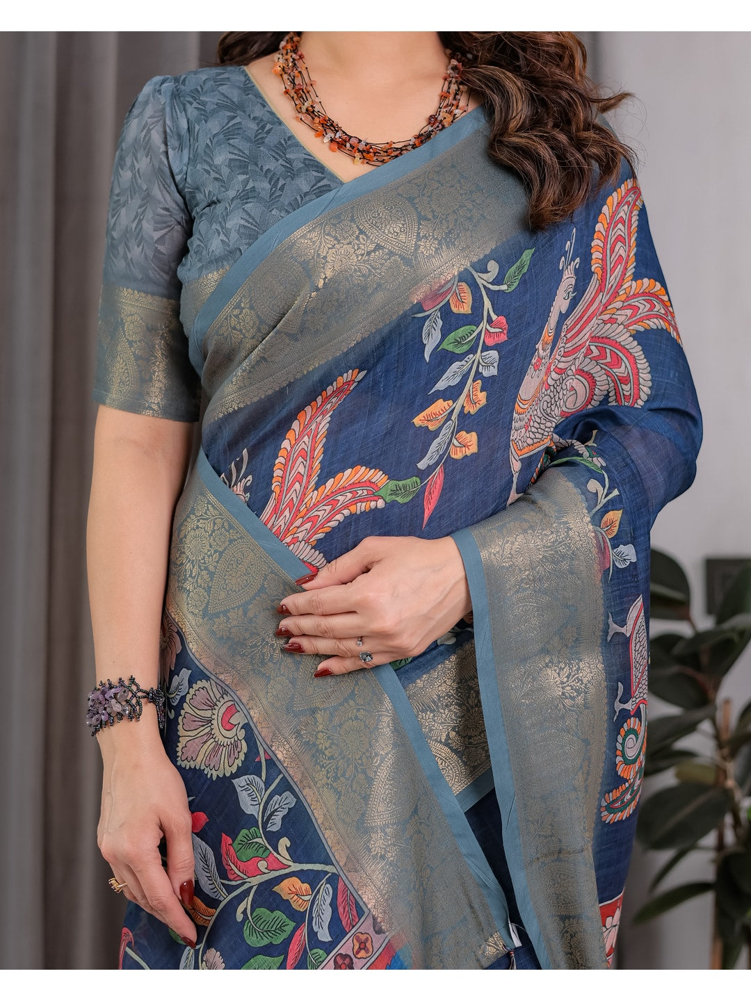 Peachmode Blue Handloom Linen Cotton Floral Print Saree - Image 9