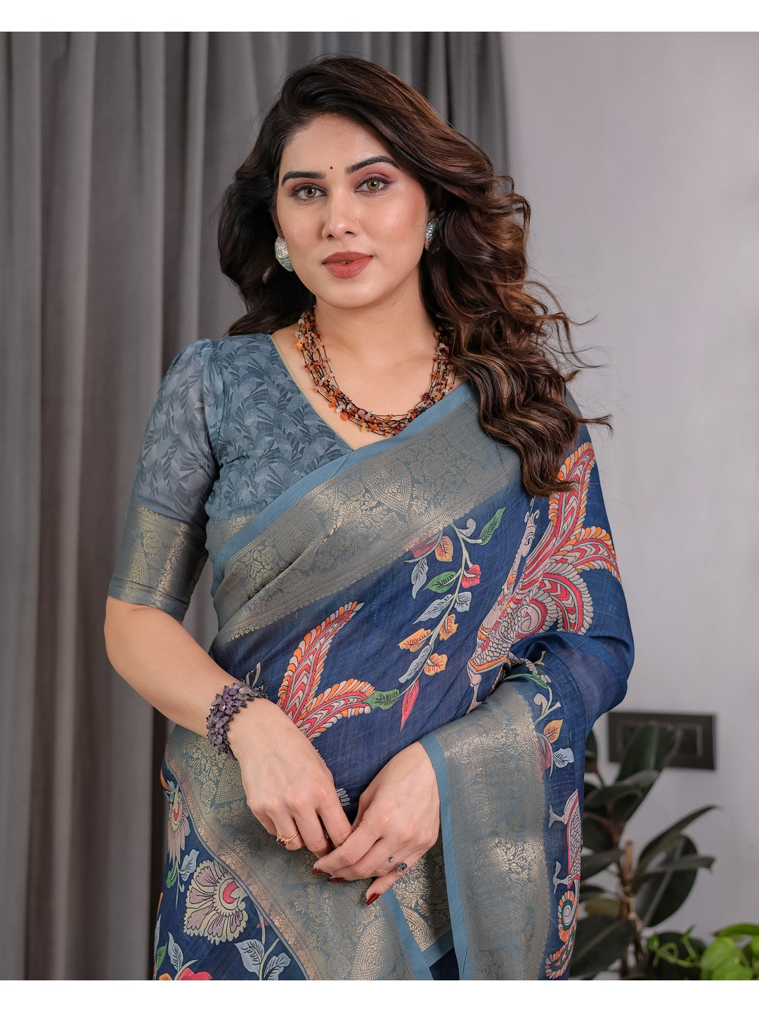 Peachmode Blue Handloom Linen Cotton Floral Print Saree - Image 10