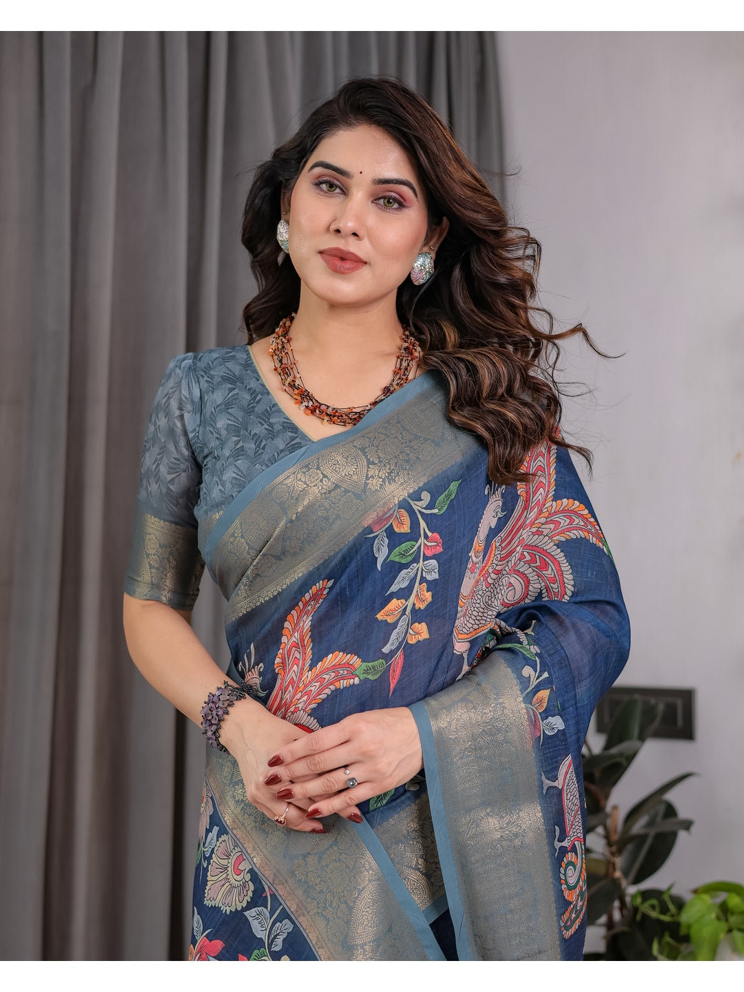 Peachmode Blue Handloom Linen Cotton Floral Print Saree - Image 13