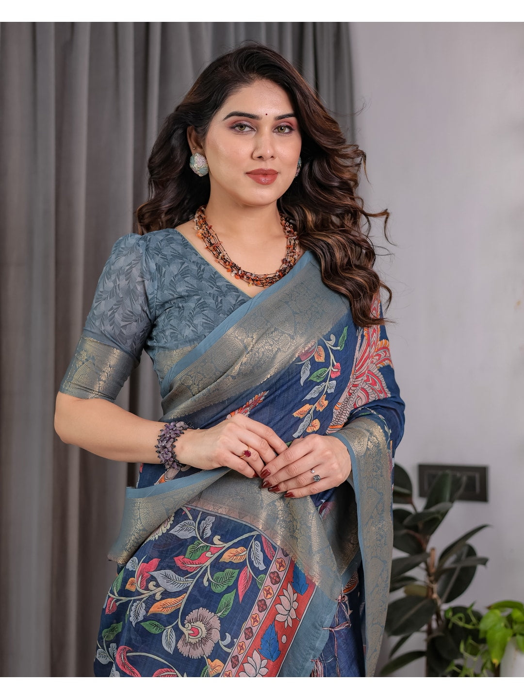 Peachmode Blue Handloom Linen Cotton Floral Print Saree - Image 14