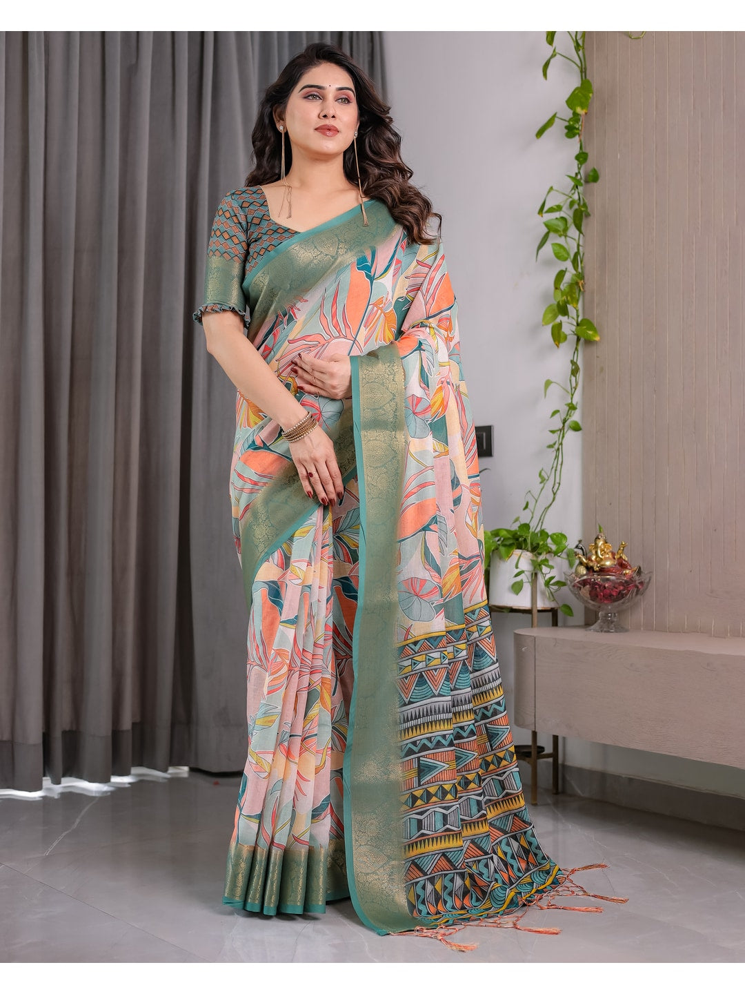 Peachmode Olive Handloom Linen Cotton Floral Print Saree - Image 1