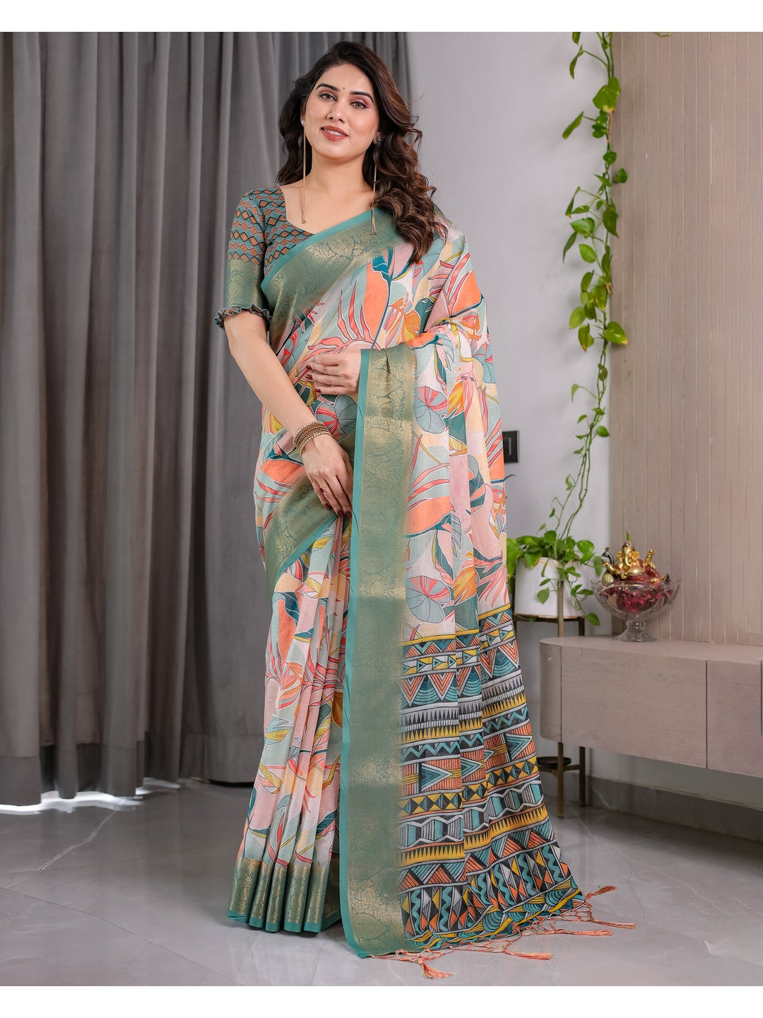 Peachmode Olive Handloom Linen Cotton Floral Print Saree - Image 3