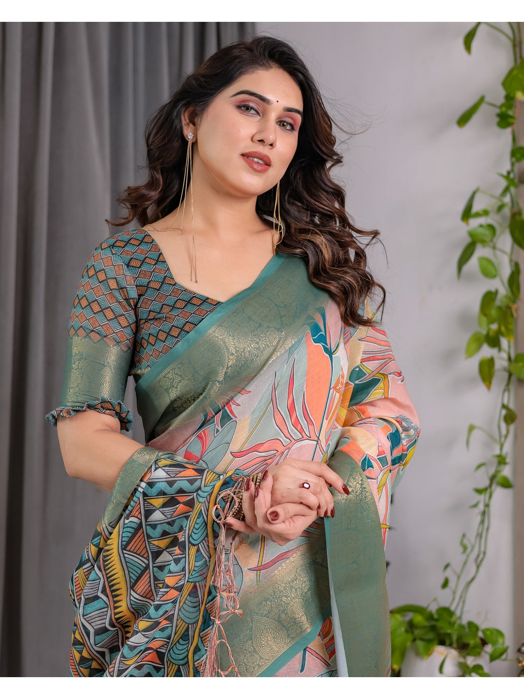 Peachmode Olive Handloom Linen Cotton Floral Print Saree - Image 7