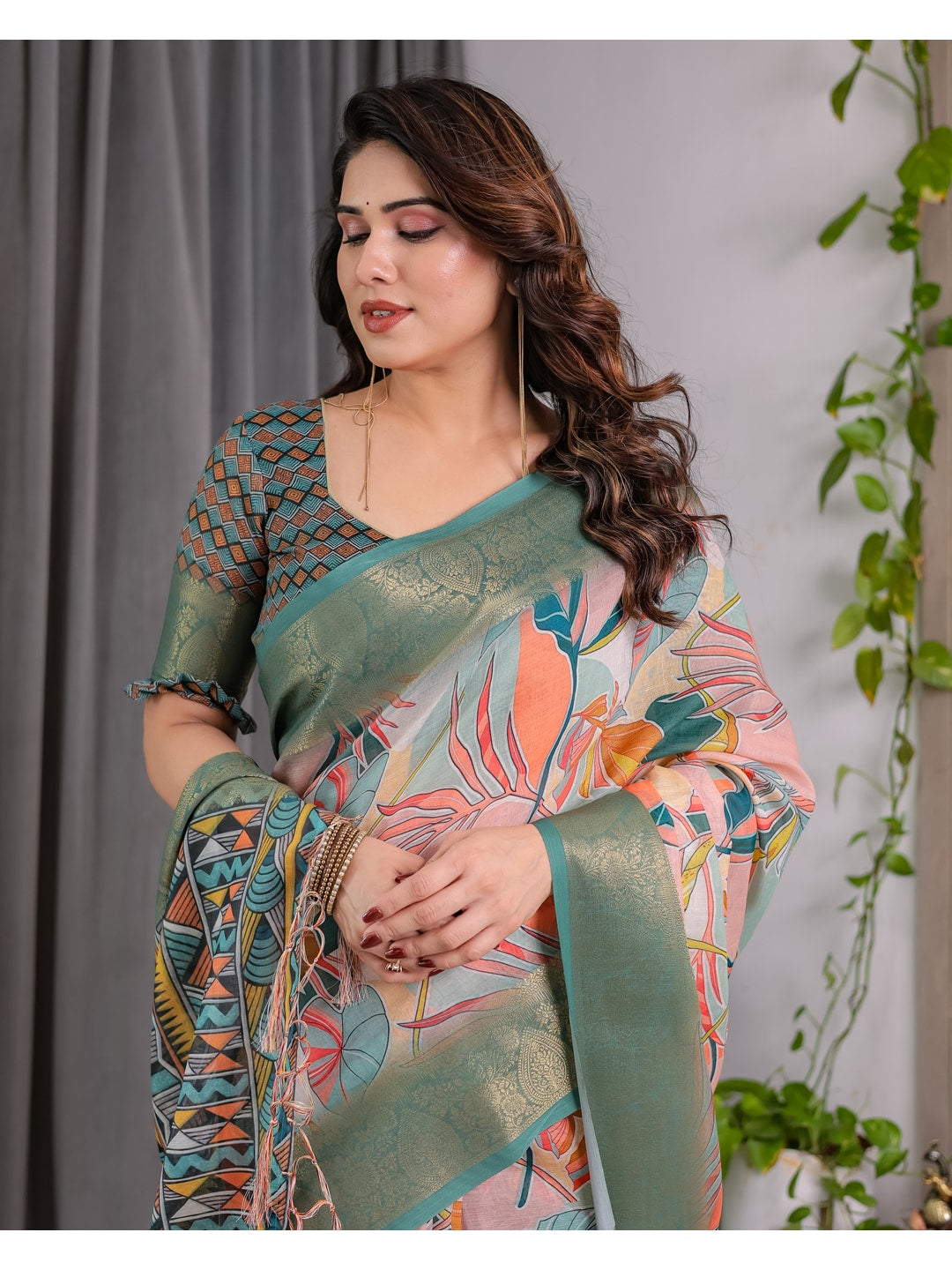 Peachmode Olive Handloom Linen Cotton Floral Print Saree - Image 9