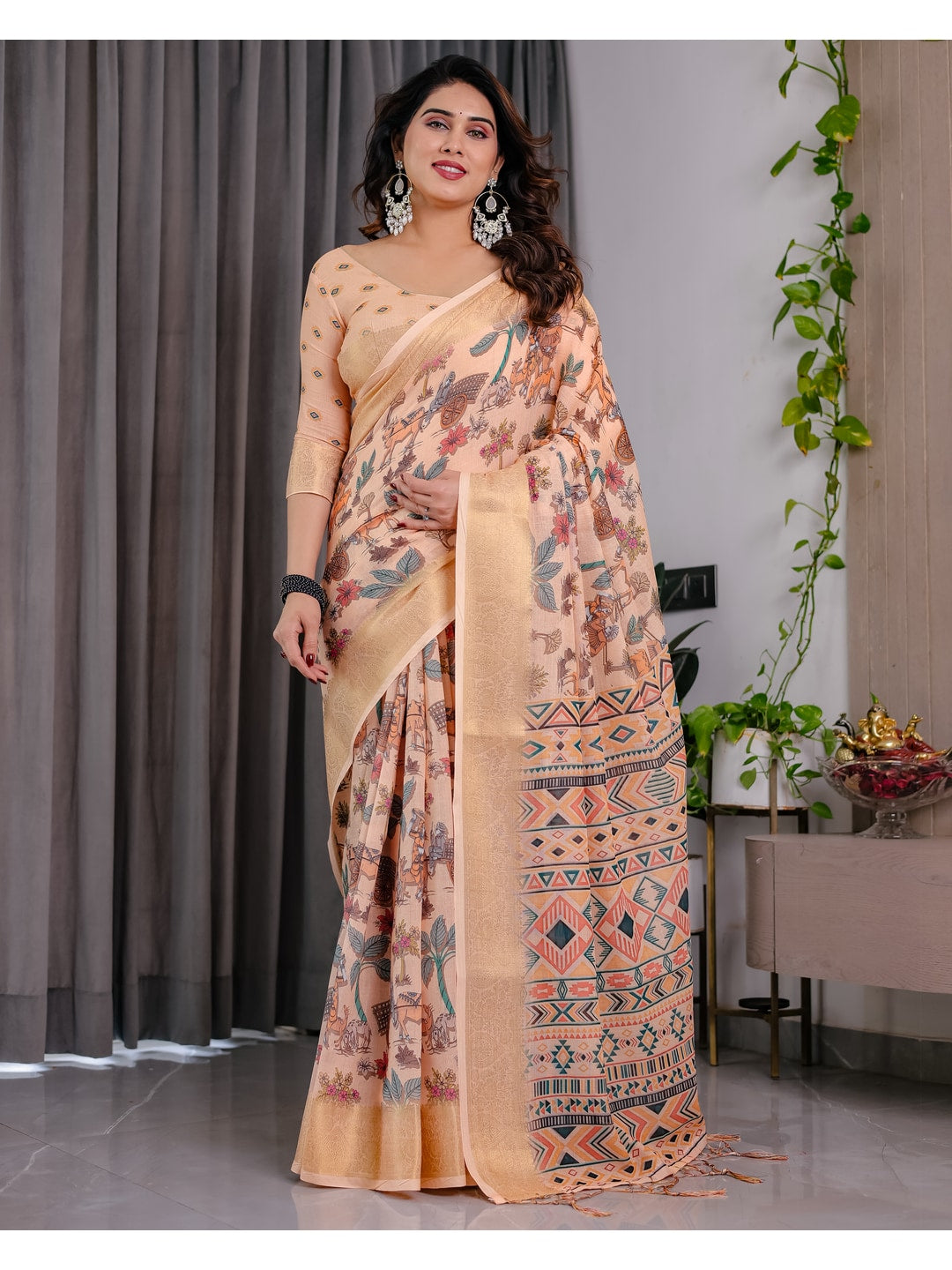 Peachmode Cream Handloom Linen Cotton Floral Print Saree - Image 1