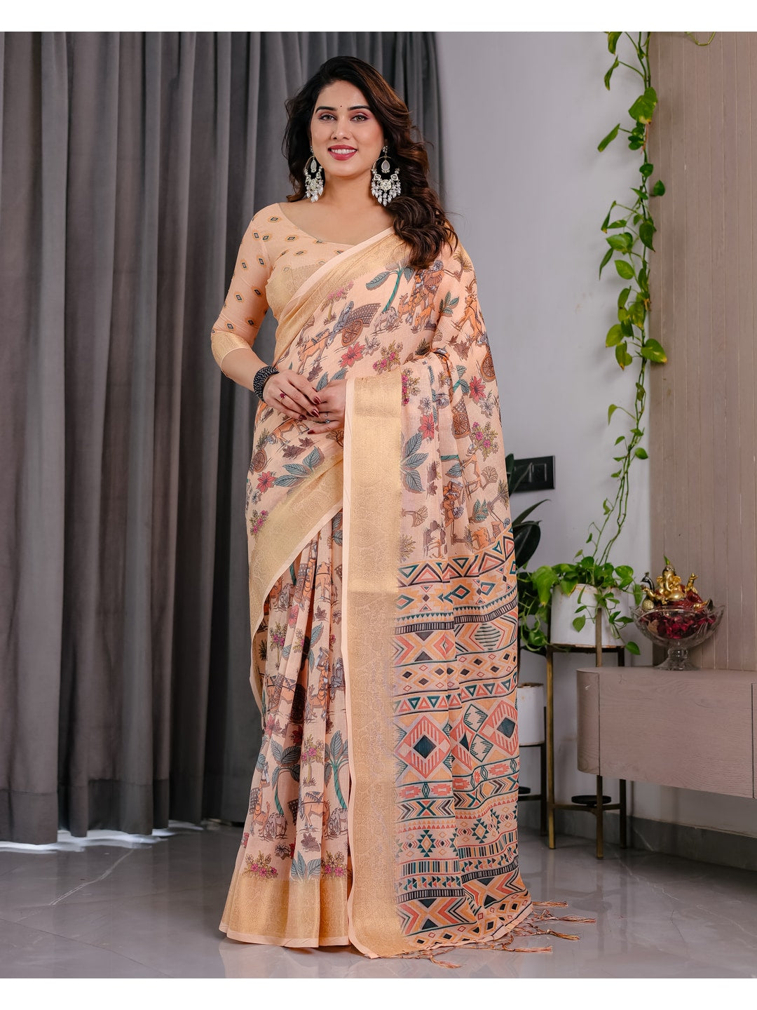 Peachmode Cream Handloom Linen Cotton Floral Print Saree - Image 5