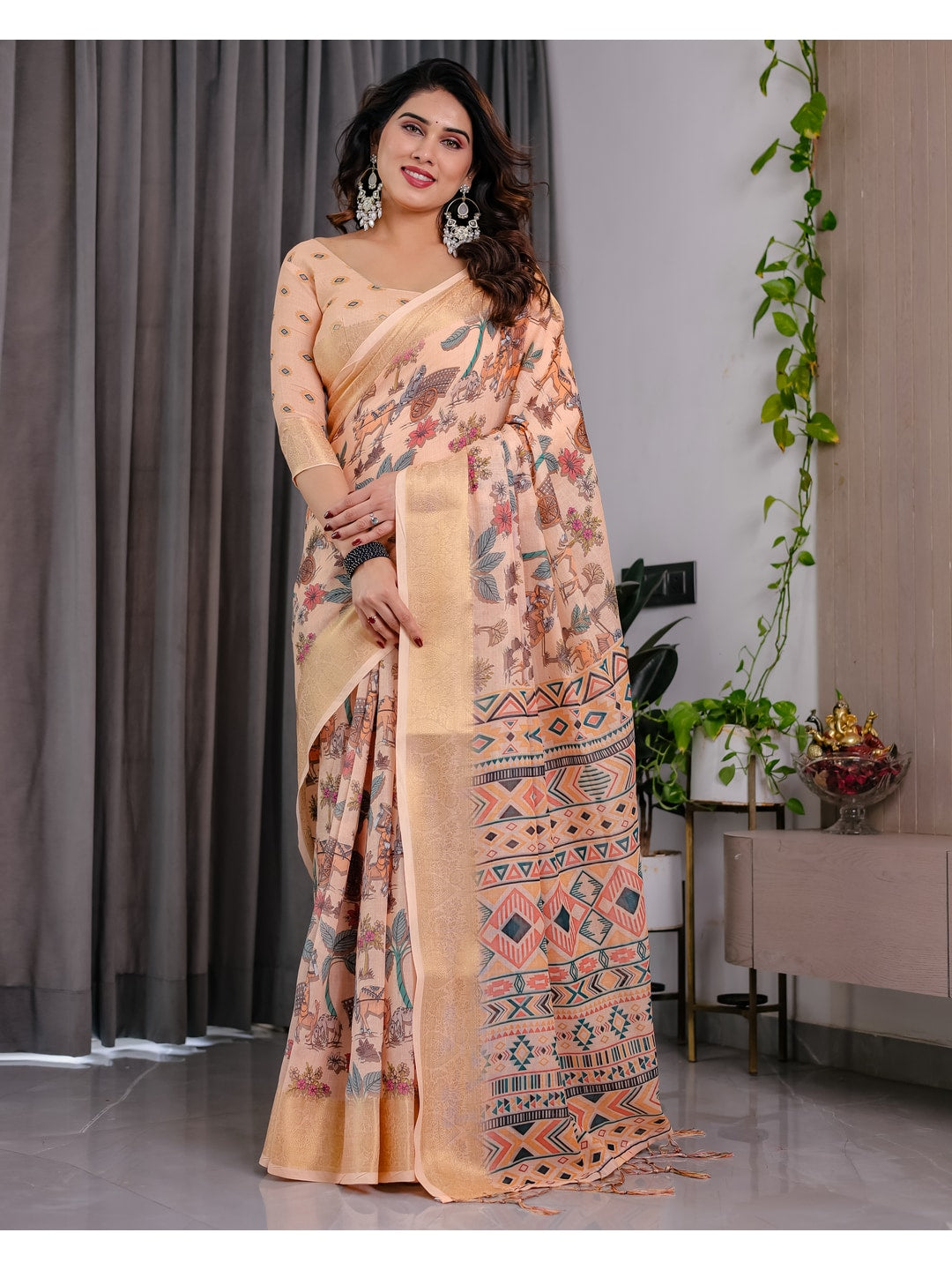 Peachmode Cream Handloom Linen Cotton Floral Print Saree - Image 6