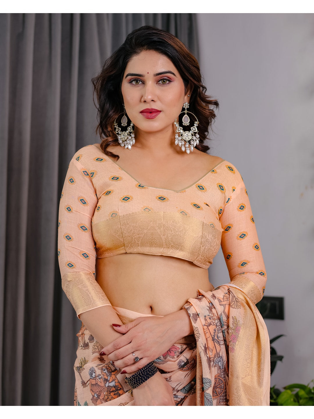 Peachmode Cream Handloom Linen Cotton Floral Print Saree - Image 8