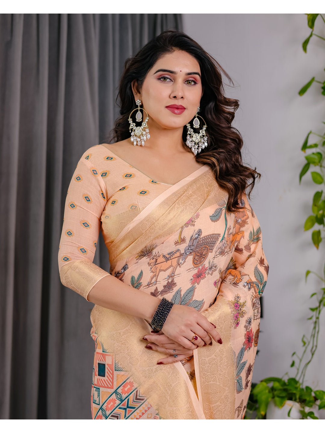 Peachmode Cream Handloom Linen Cotton Floral Print Saree - Image 12
