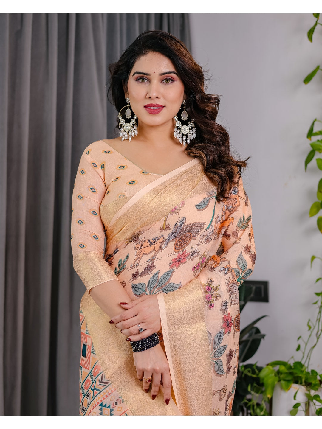 Peachmode Cream Handloom Linen Cotton Floral Print Saree - Image 14