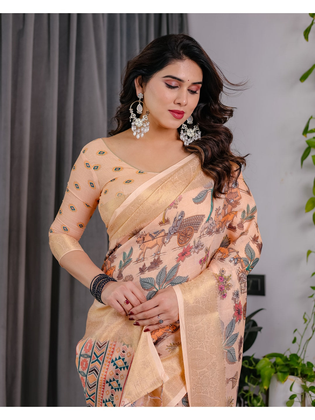 Peachmode Cream Handloom Linen Cotton Floral Print Saree - Image 15