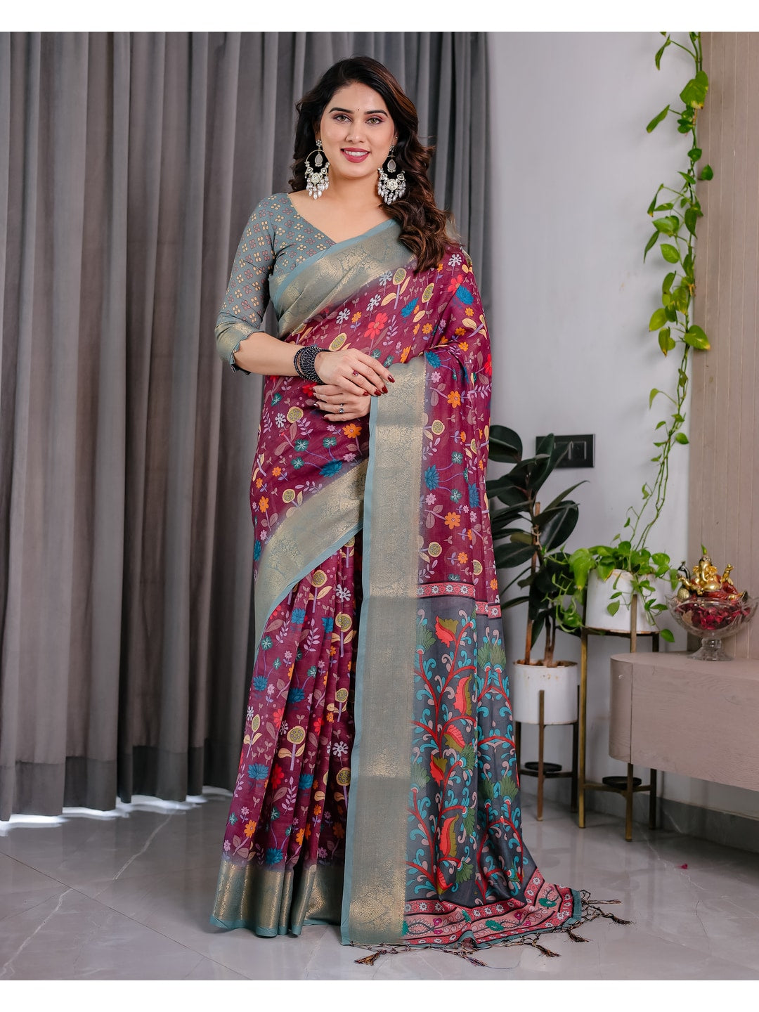 Peachmode Purple Handloom Linen Cotton Floral Print Saree - Image 1