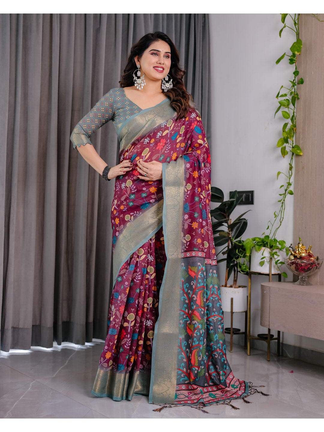 Peachmode Purple Handloom Linen Cotton Floral Print Saree - Image 2