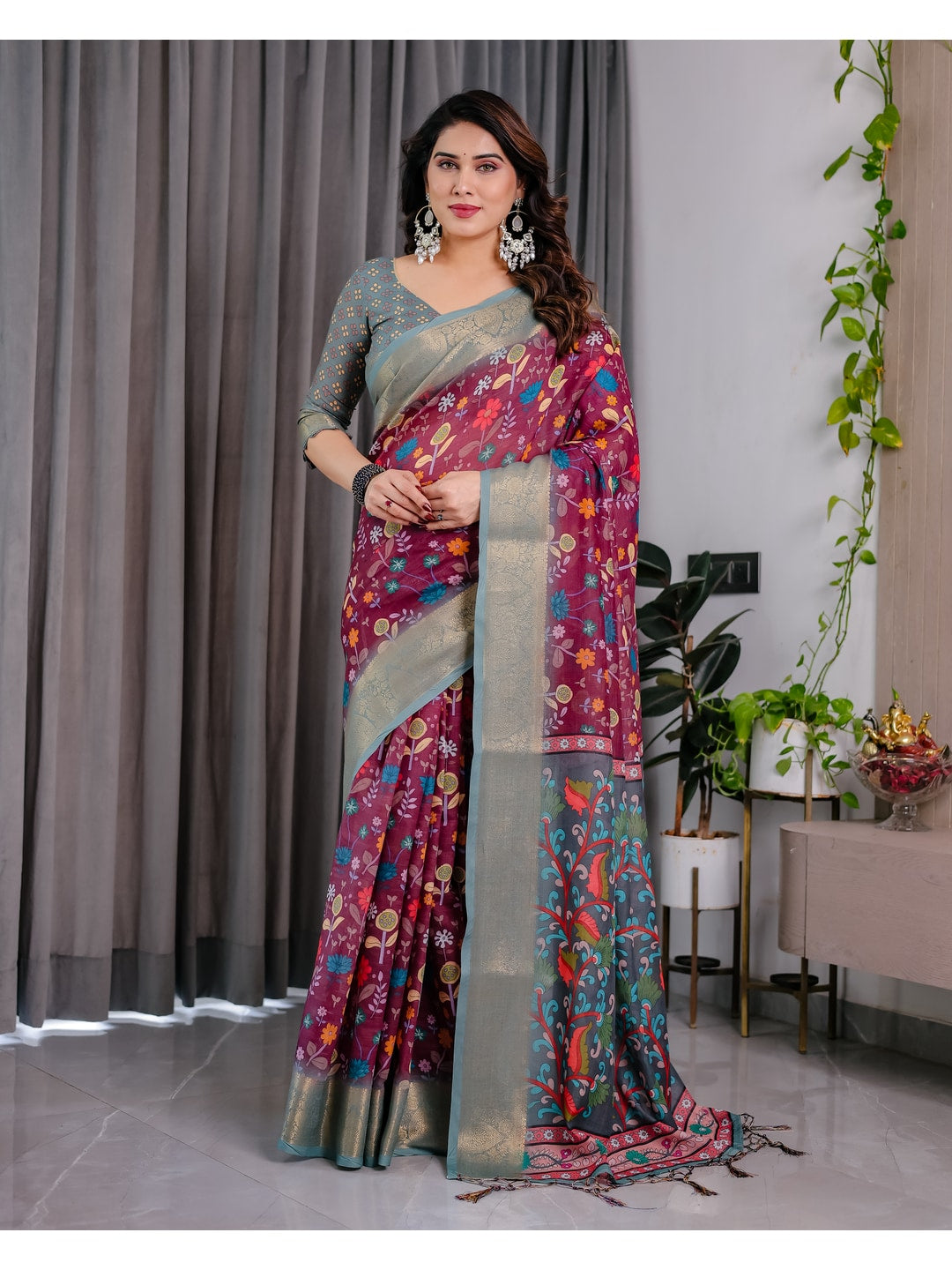 Peachmode Purple Handloom Linen Cotton Floral Print Saree - Image 4