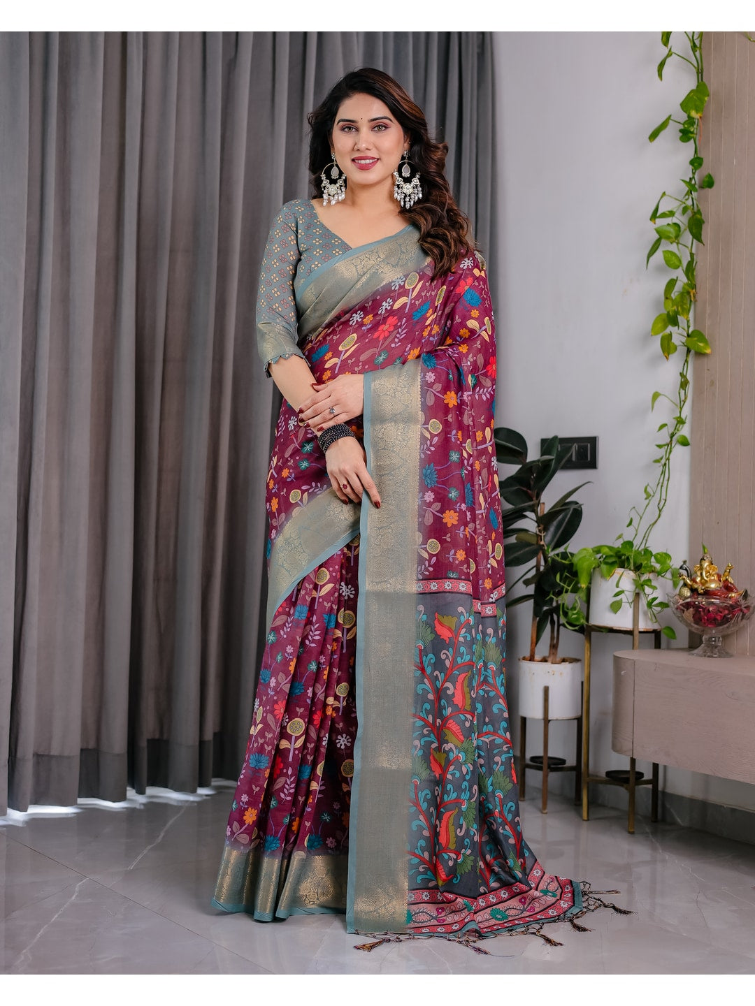 Peachmode Purple Handloom Linen Cotton Floral Print Saree - Image 5