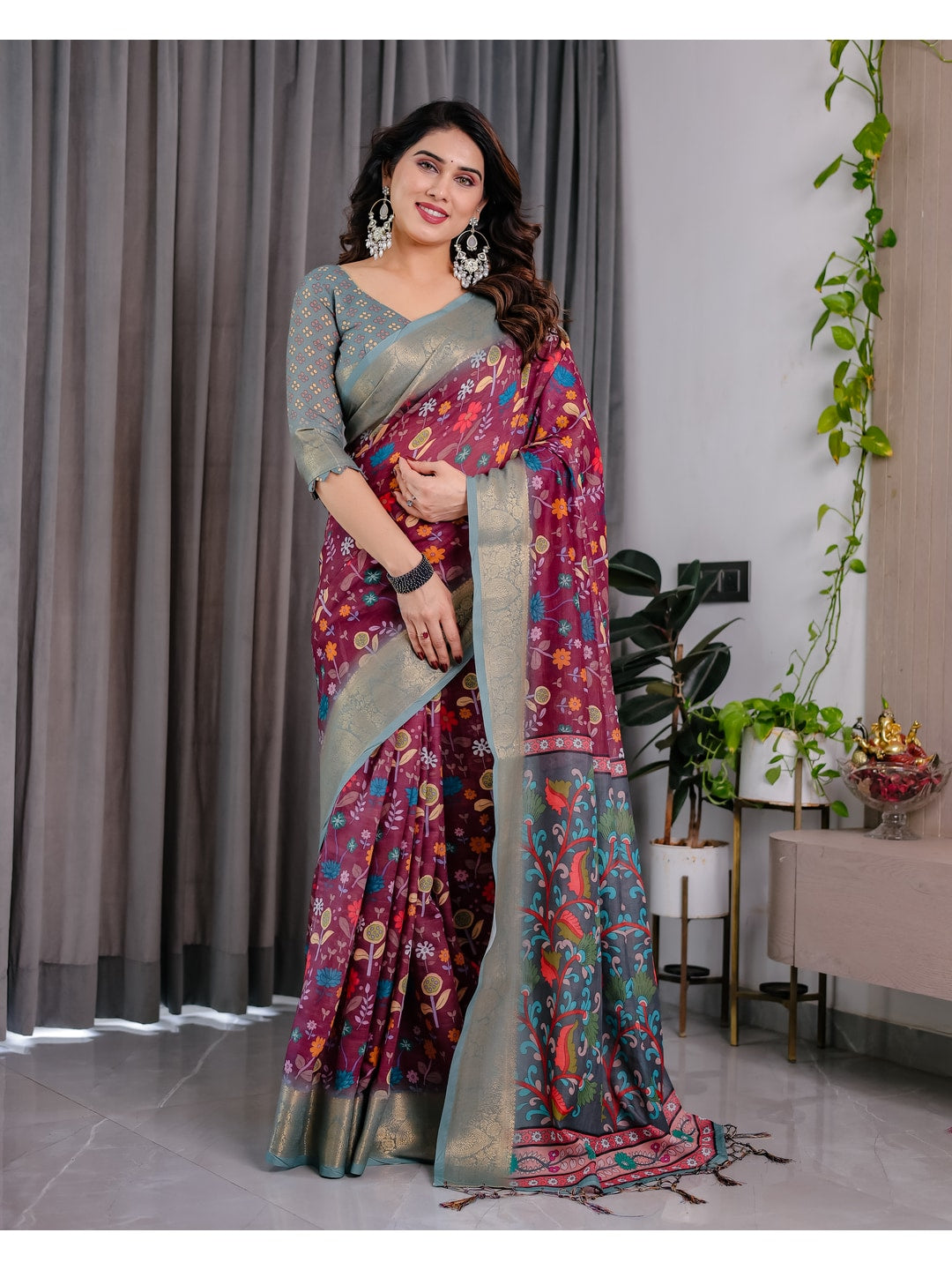 Peachmode Purple Handloom Linen Cotton Floral Print Saree - Image 6