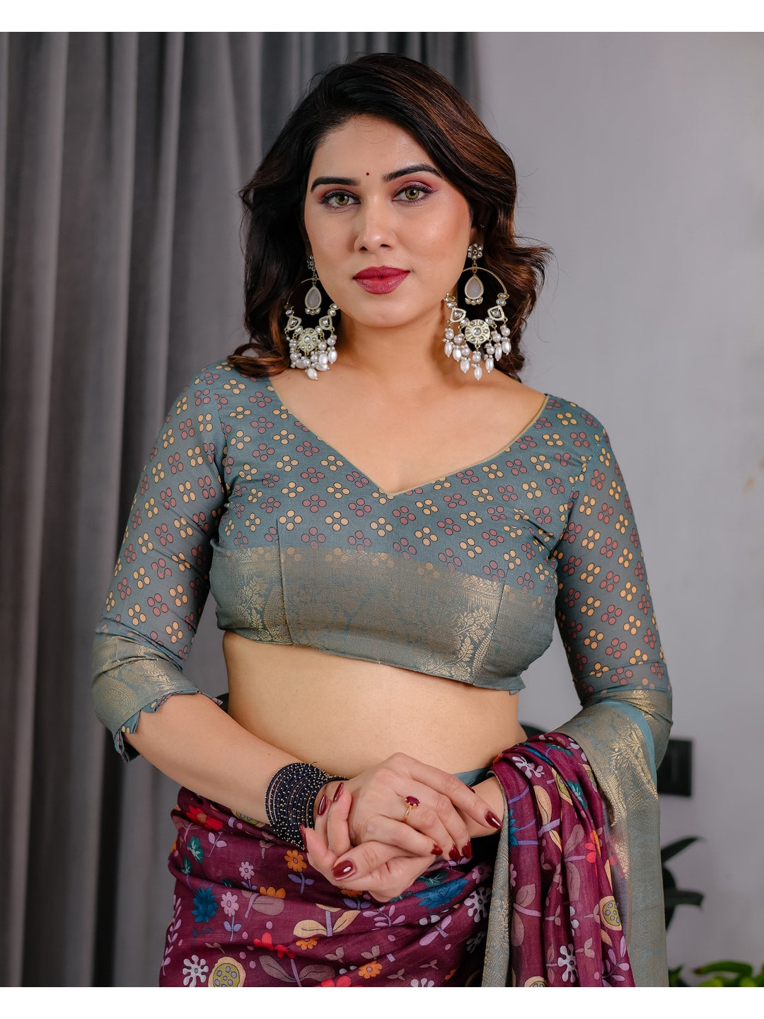 Peachmode Purple Handloom Linen Cotton Floral Print Saree - Image 8