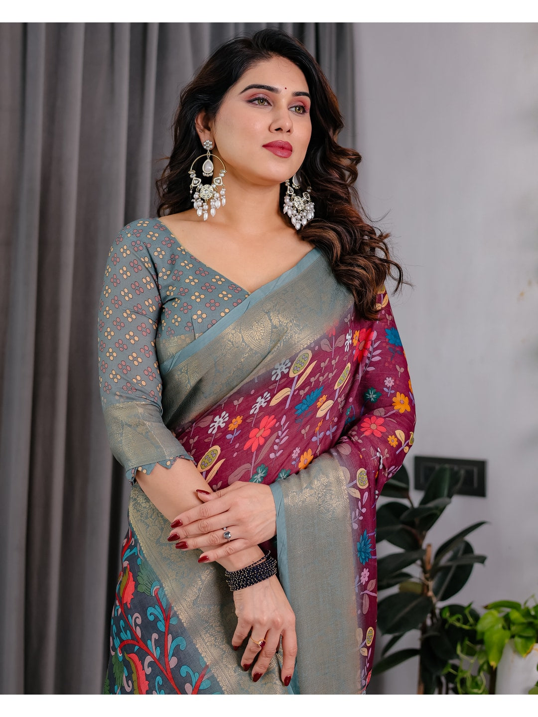 Peachmode Purple Handloom Linen Cotton Floral Print Saree - Image 10