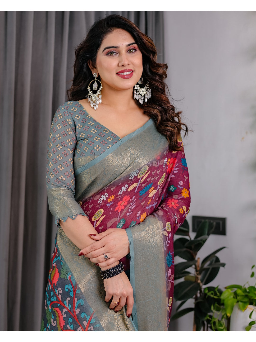 Peachmode Purple Handloom Linen Cotton Floral Print Saree - Image 11