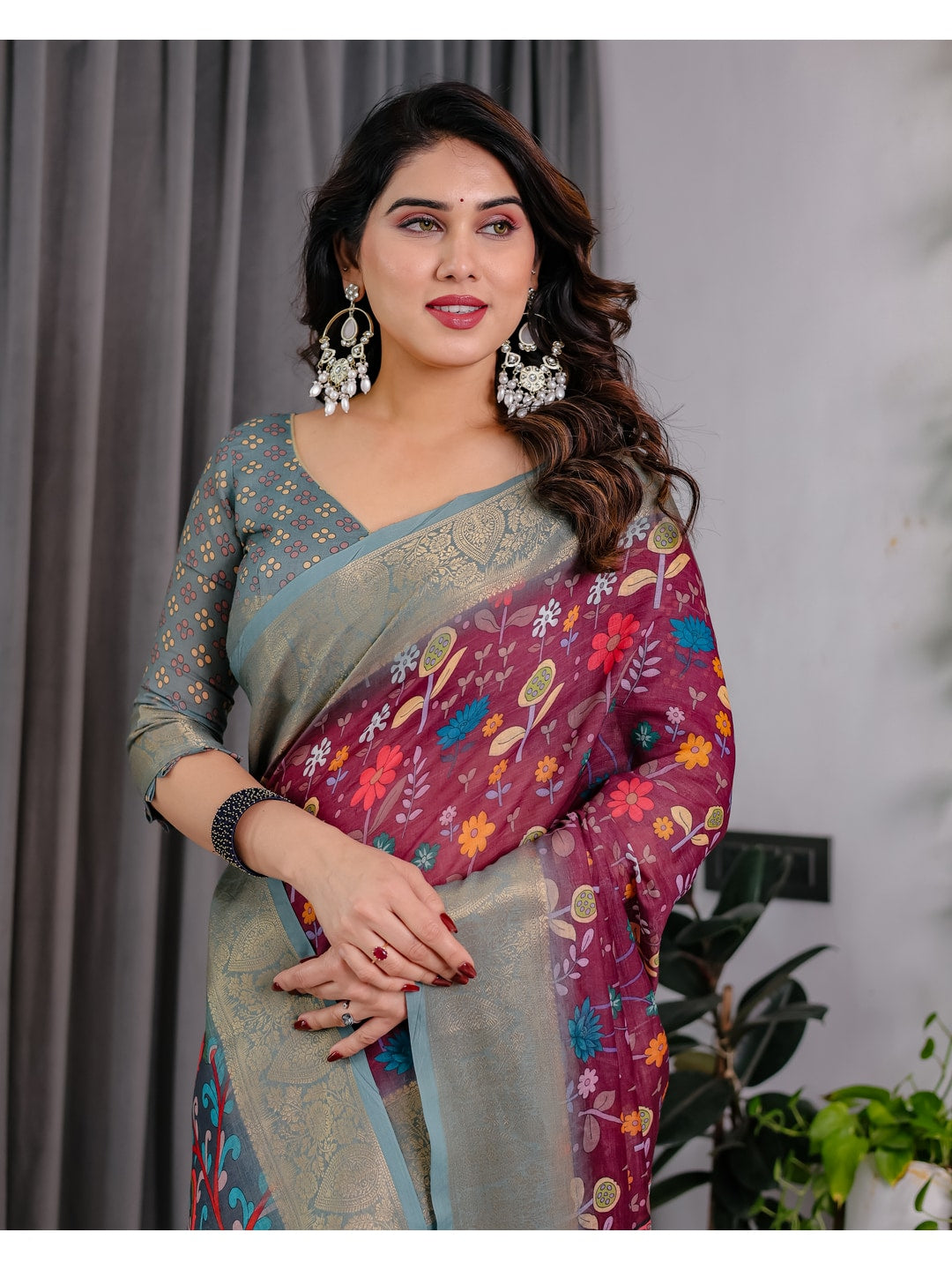 Peachmode Purple Handloom Linen Cotton Floral Print Saree - Image 14