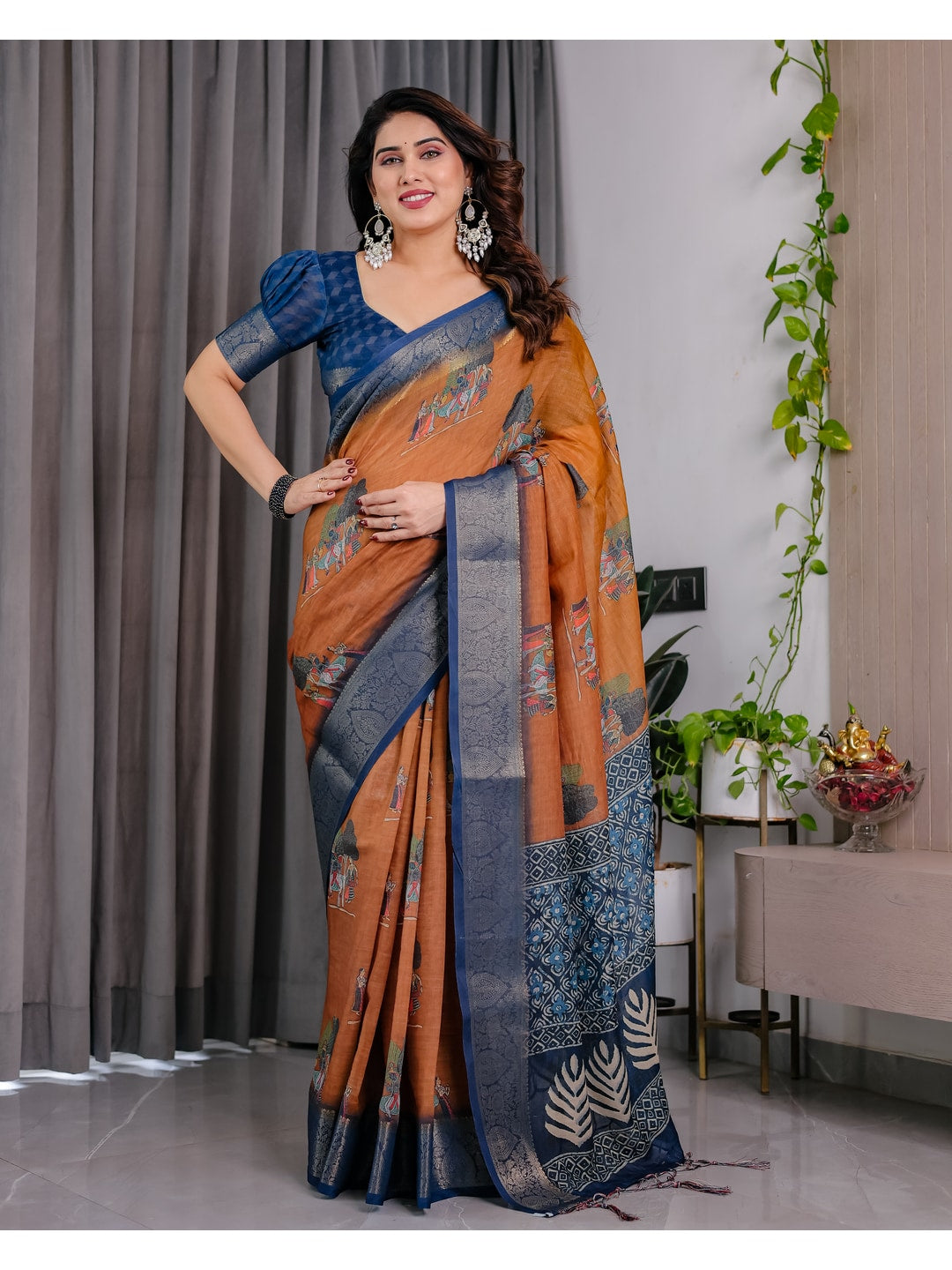 Peachmode Brown Handloom Linen Cotton Floral Print Saree - Image 2
