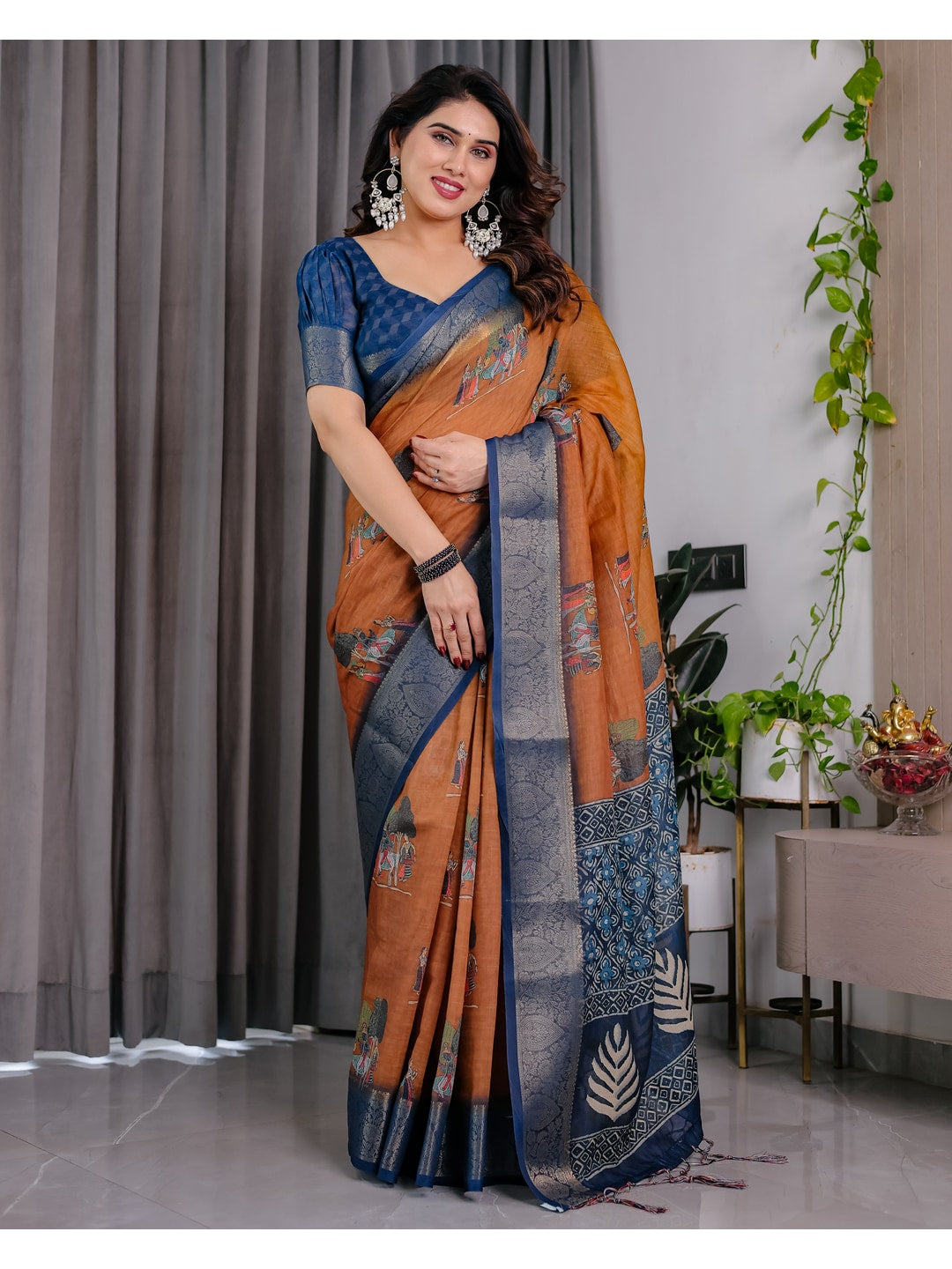 Peachmode Brown Handloom Linen Cotton Floral Print Saree - Image 6