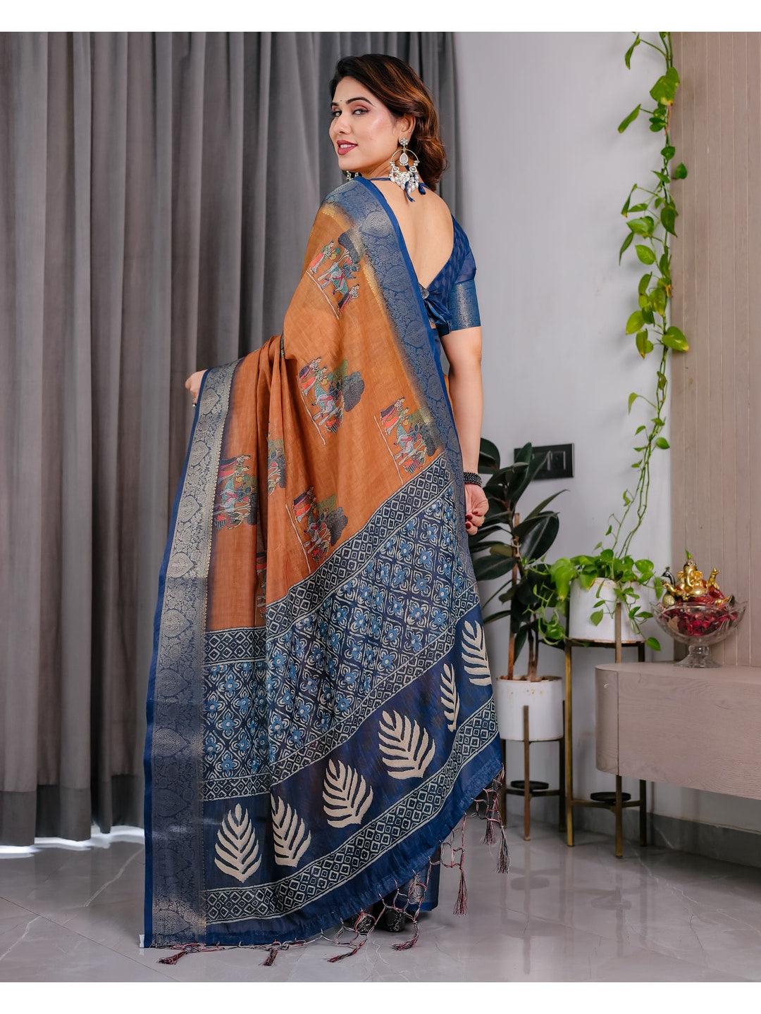 Peachmode Brown Handloom Linen Cotton Floral Print Saree - Image 7