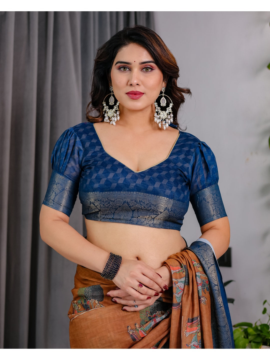 Peachmode Brown Handloom Linen Cotton Floral Print Saree - Image 8