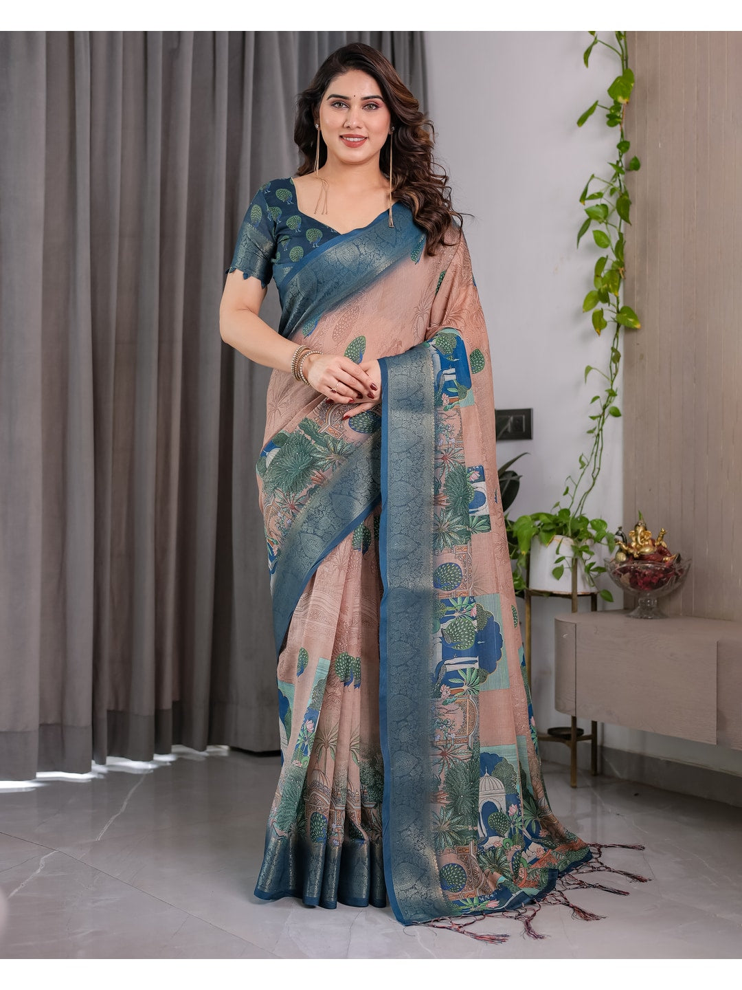 Peachmode Teal Handloom Linen Cotton Floral Print Saree - Image 1