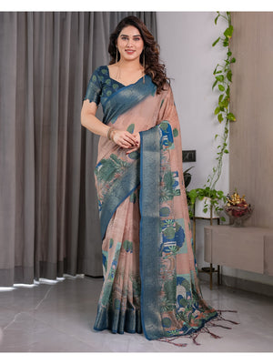 Peachmode Teal Handloom Linen Cotton Floral Print Saree - Image 1