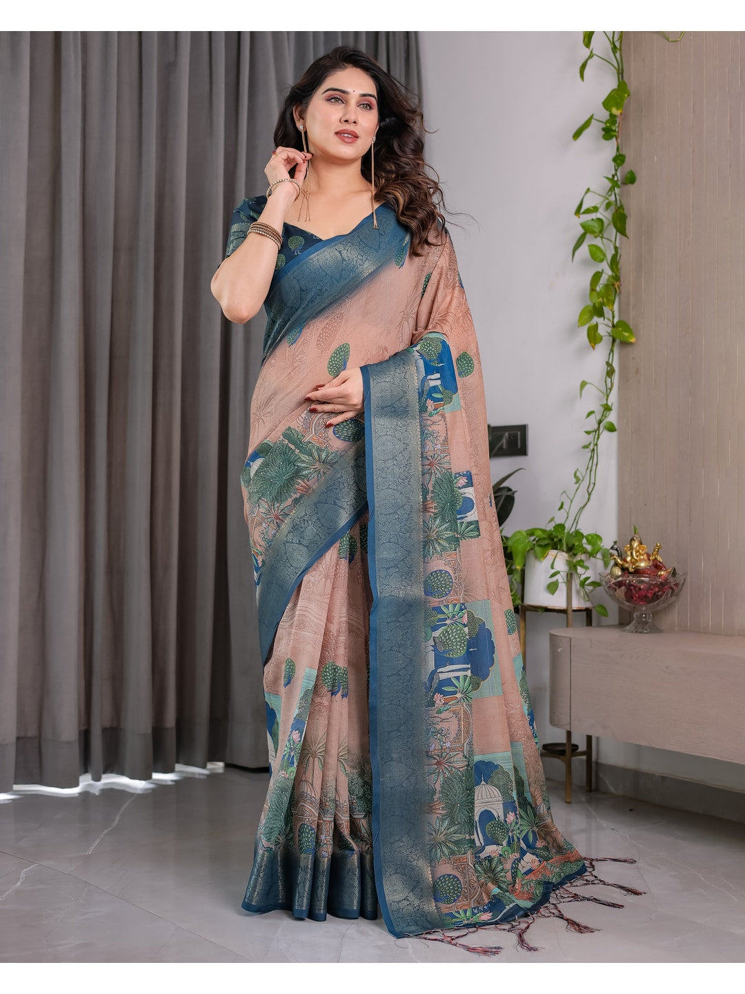 Peachmode Teal Handloom Linen Cotton Floral Print Saree - Image 2