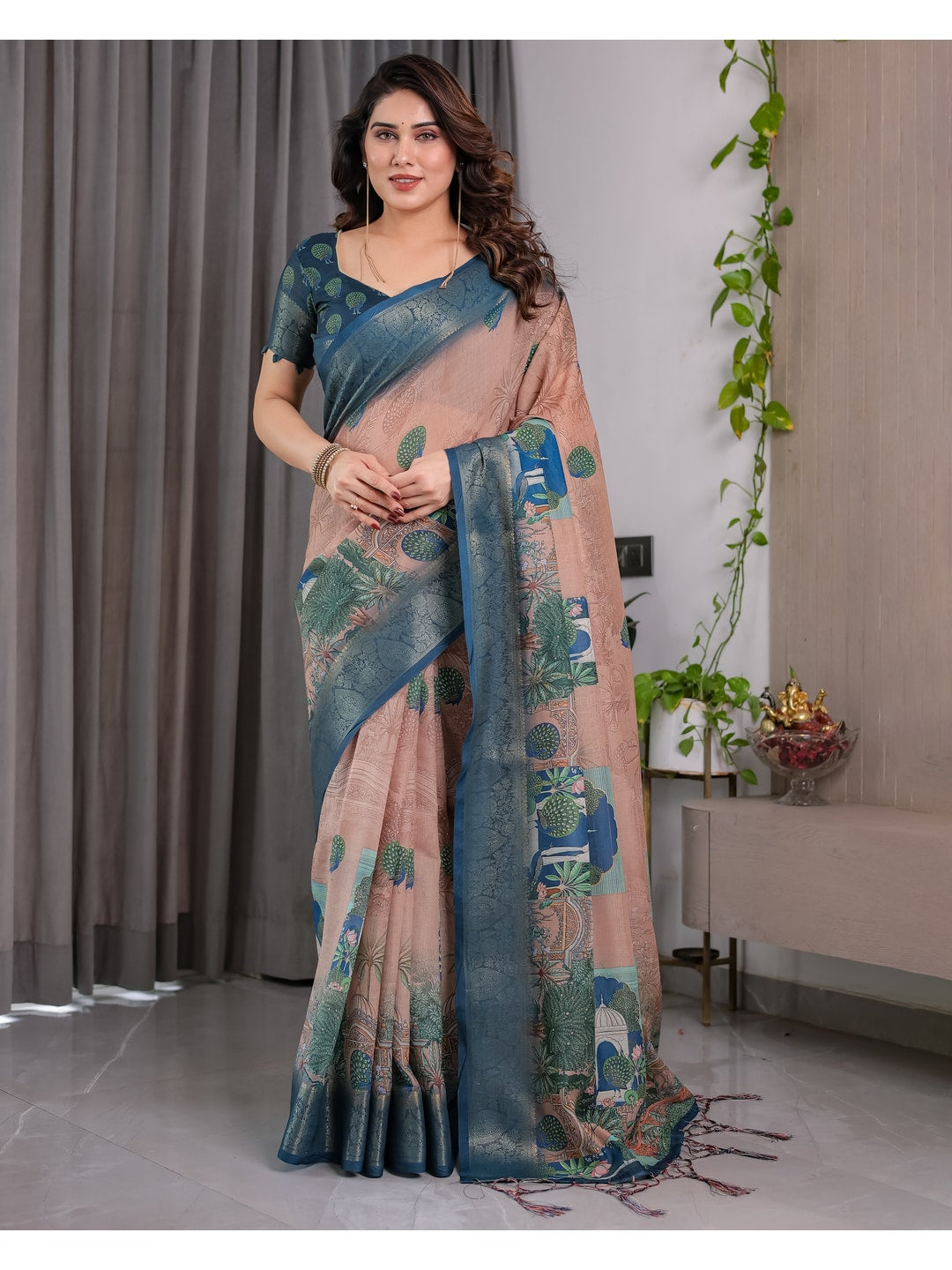Peachmode Teal Handloom Linen Cotton Floral Print Saree - Image 4