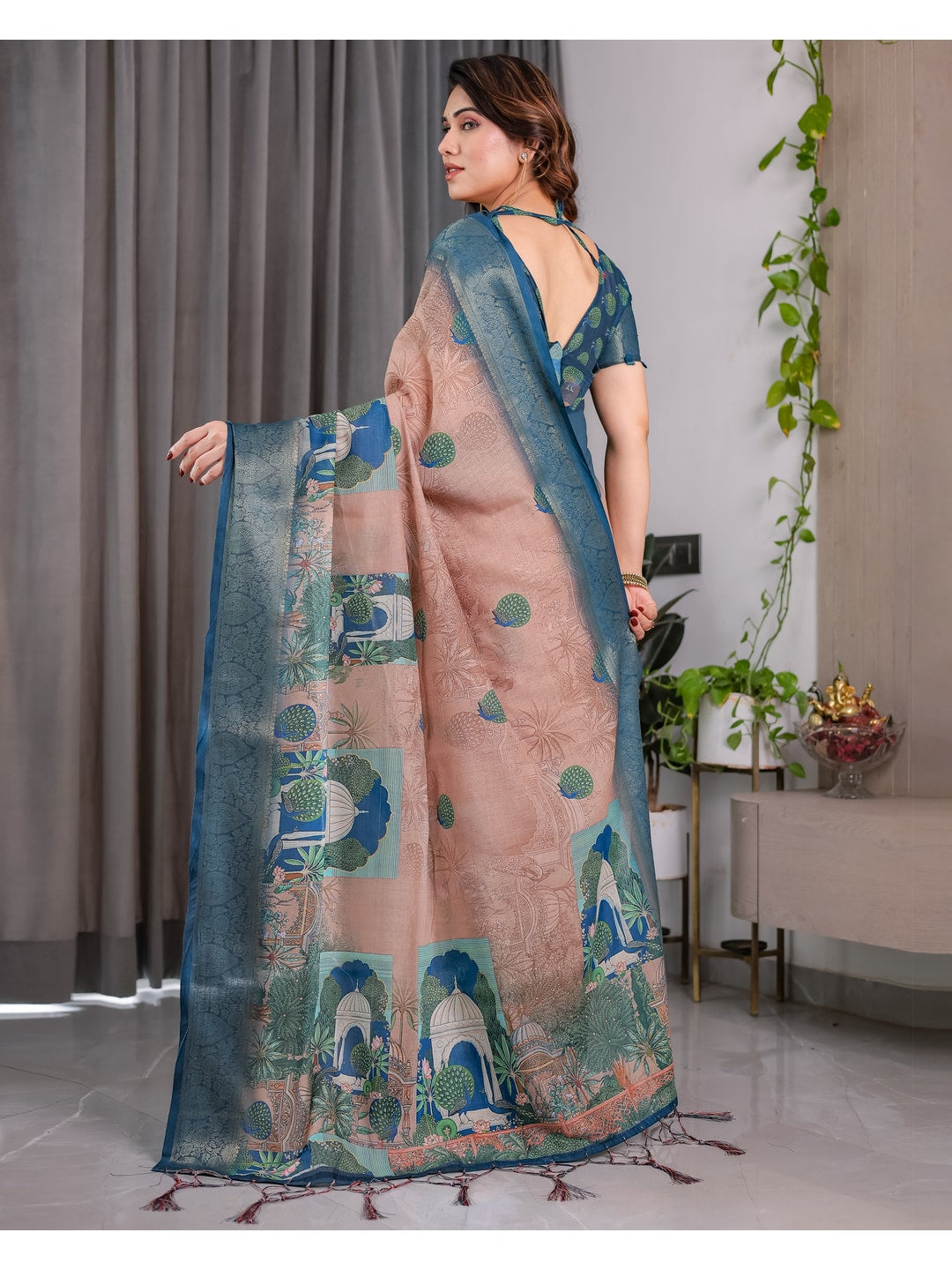 Peachmode Teal Handloom Linen Cotton Floral Print Saree - Image 5