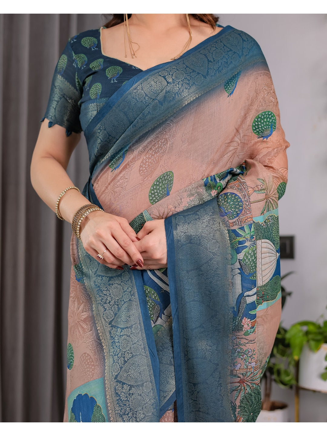 Peachmode Teal Handloom Linen Cotton Floral Print Saree - Image 6