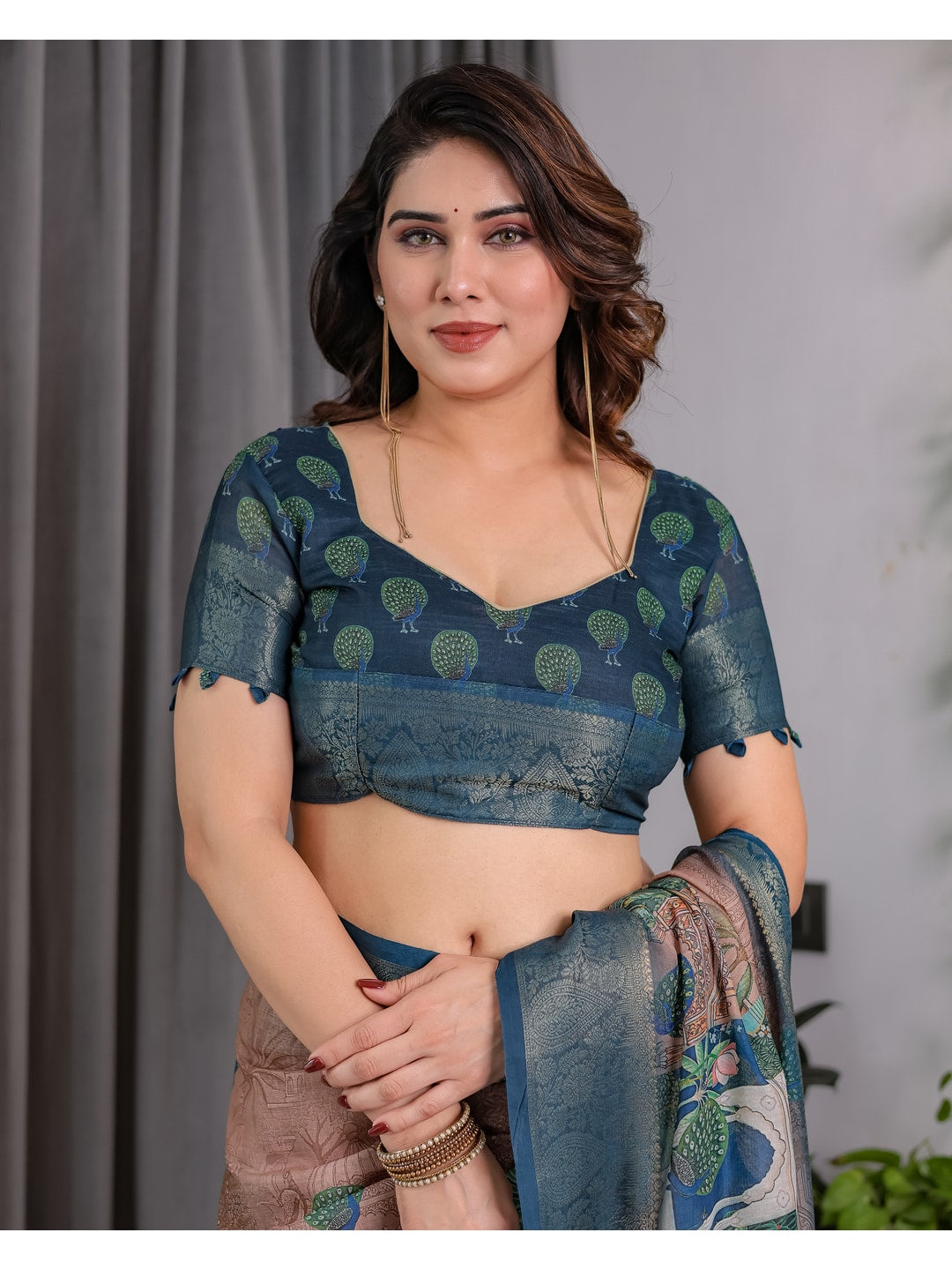 Peachmode Teal Handloom Linen Cotton Floral Print Saree - Image 7