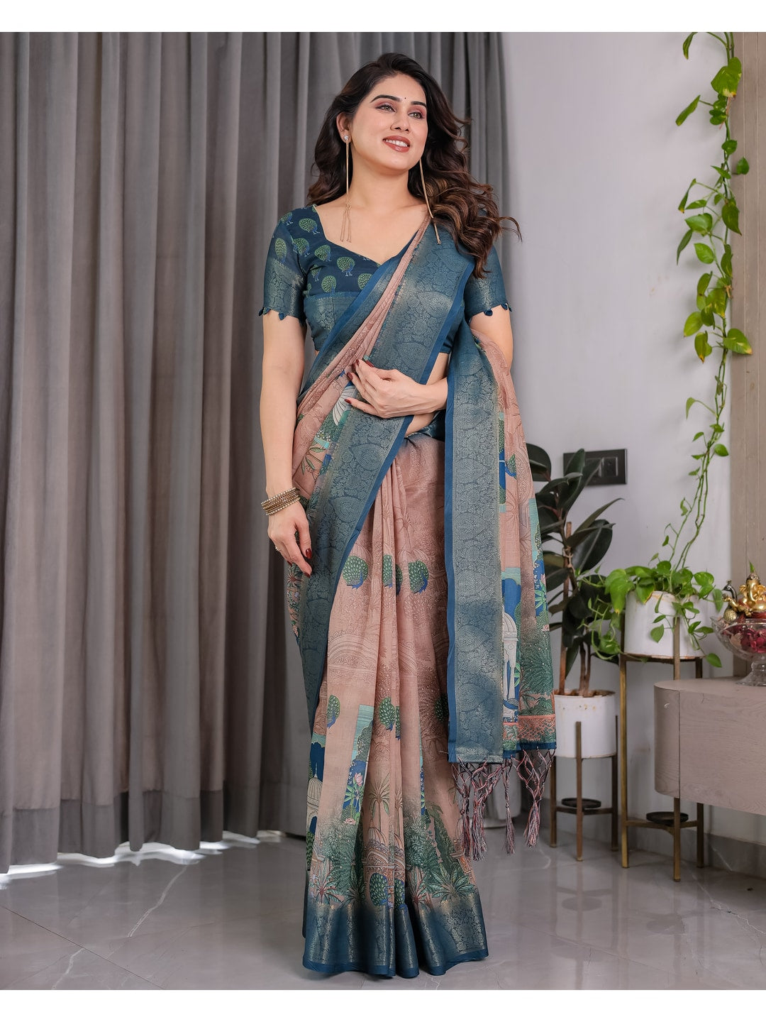 Peachmode Teal Handloom Linen Cotton Floral Print Saree - Image 8