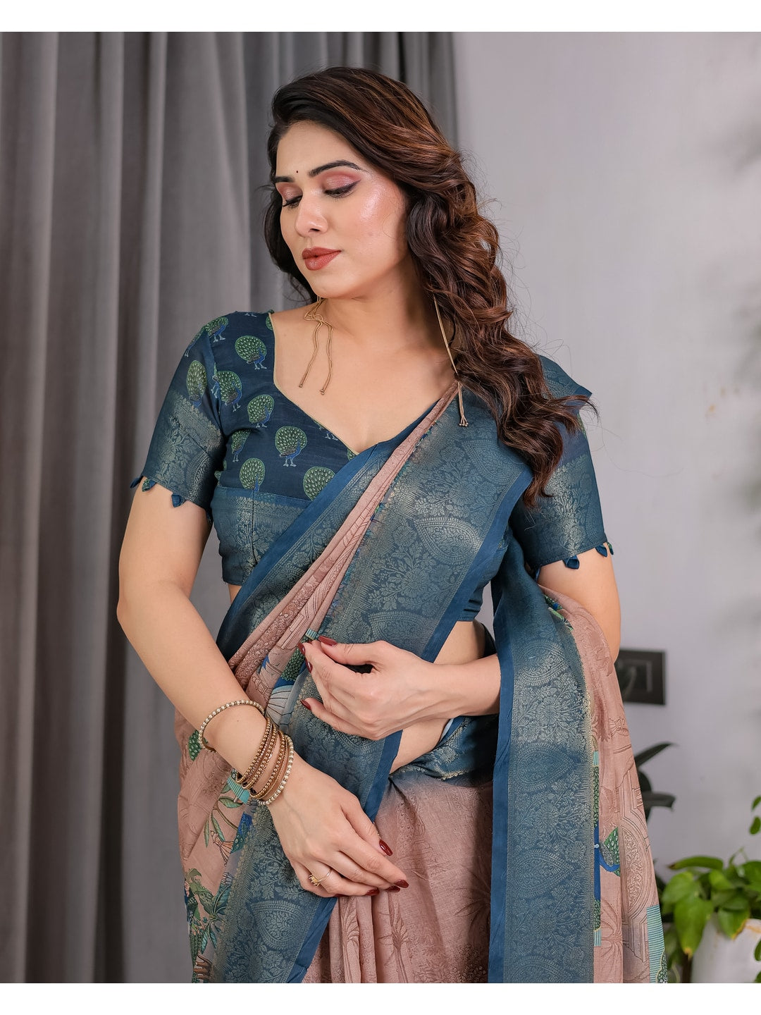 Peachmode Teal Handloom Linen Cotton Floral Print Saree - Image 9
