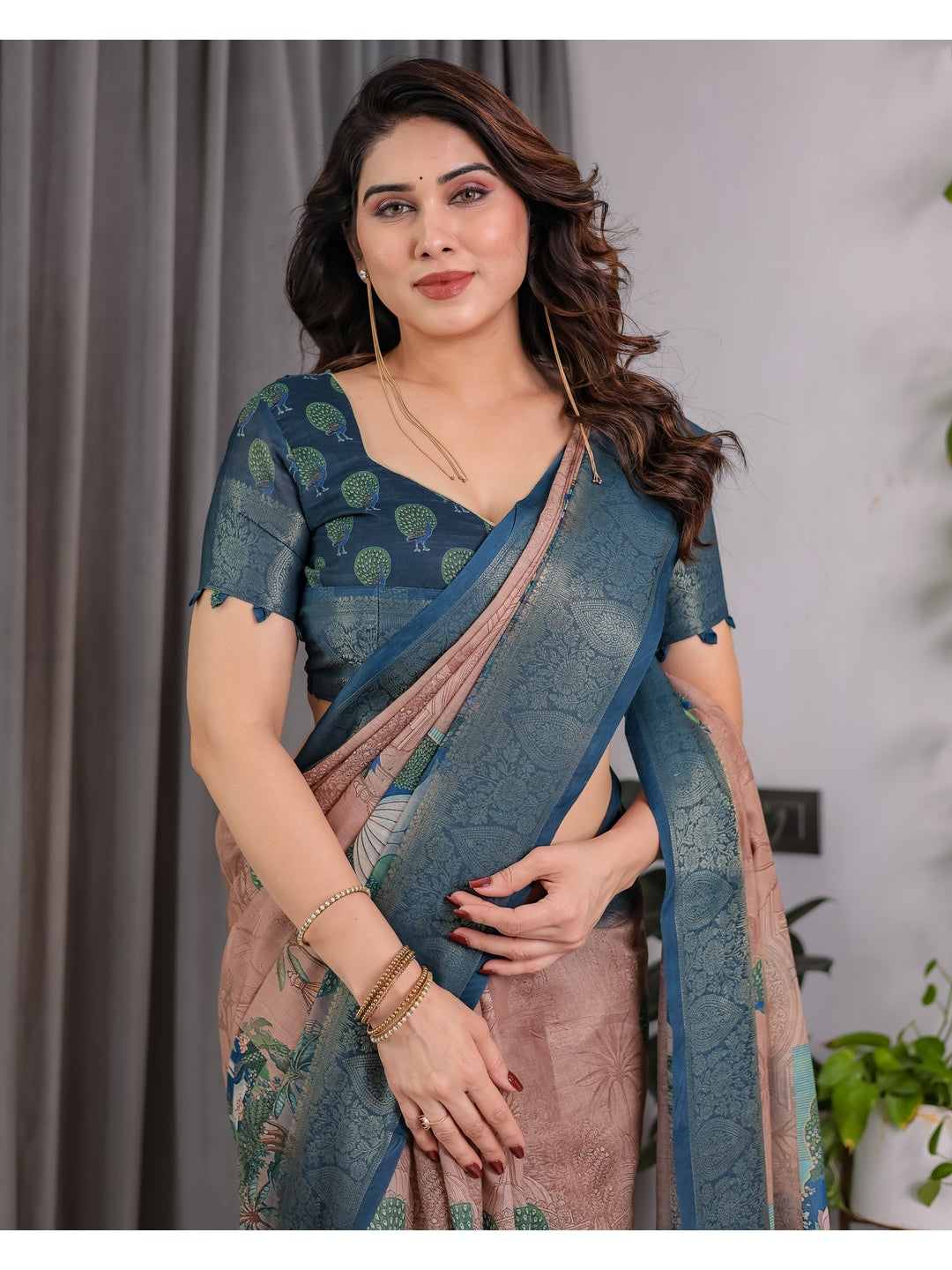 Peachmode Teal Handloom Linen Cotton Floral Print Saree - Image 11