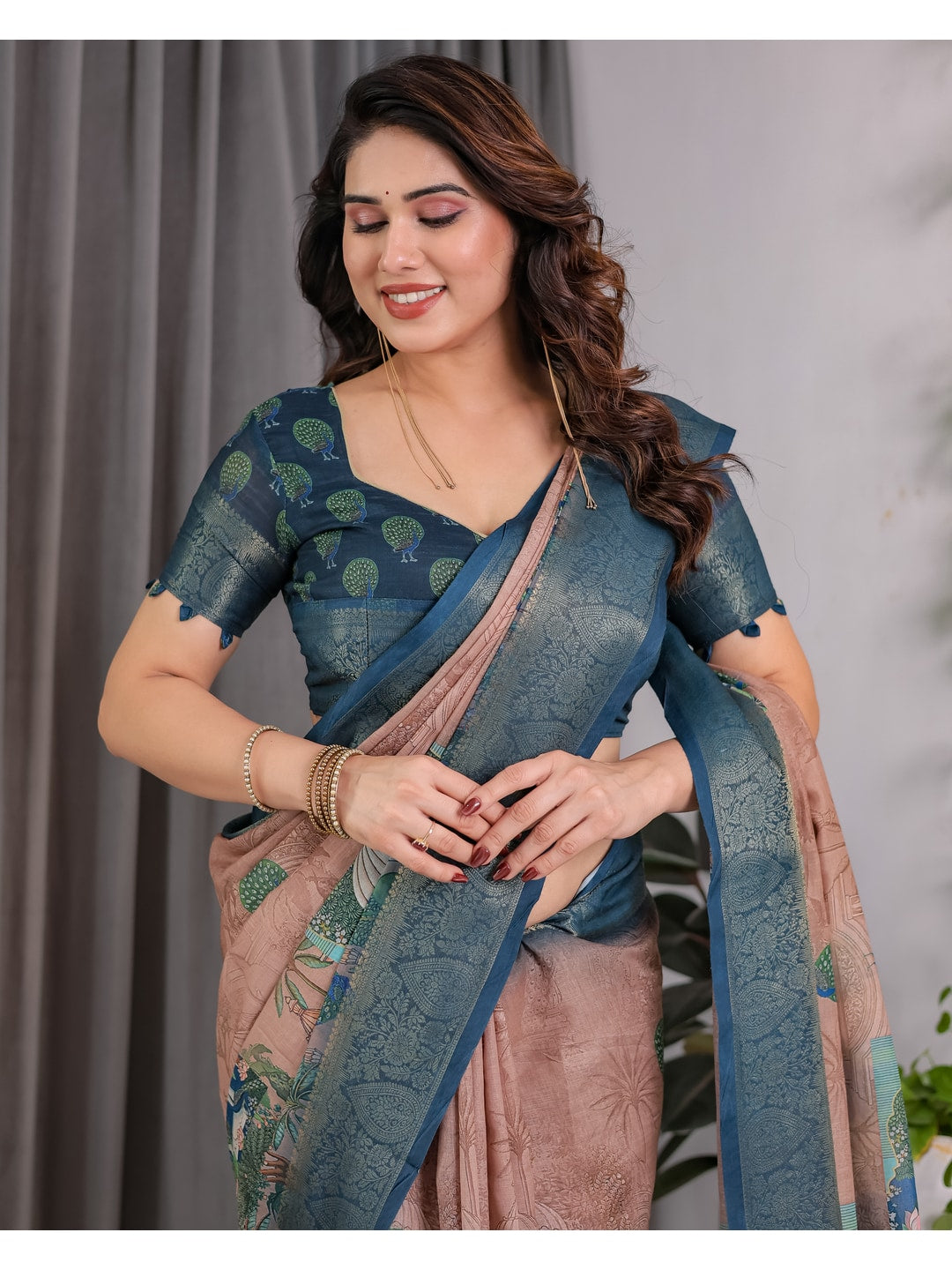 Peachmode Teal Handloom Linen Cotton Floral Print Saree - Image 12
